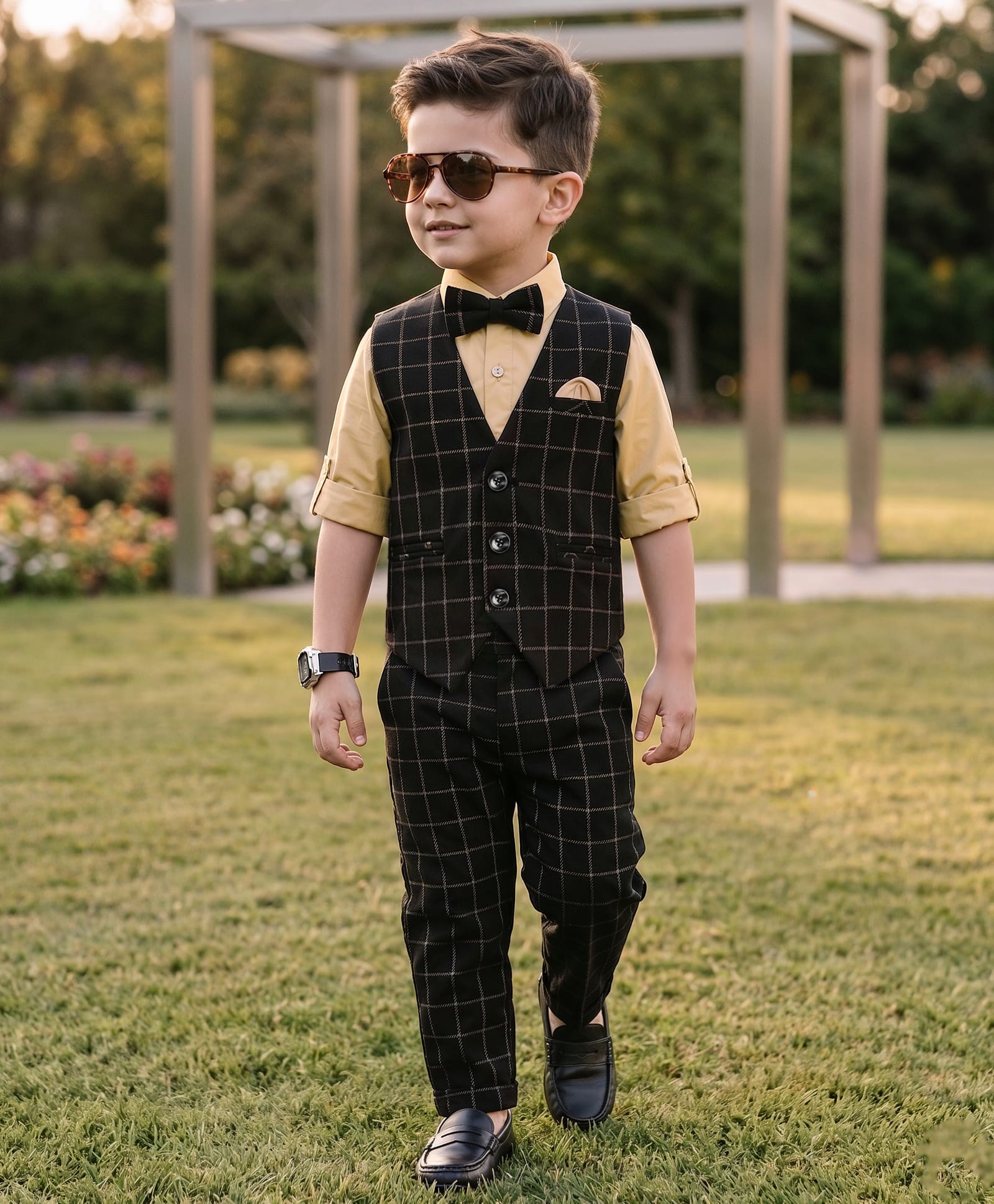 Robo Fry Full Sleeves Party Suits Check Design With Bow - Black-picture-29