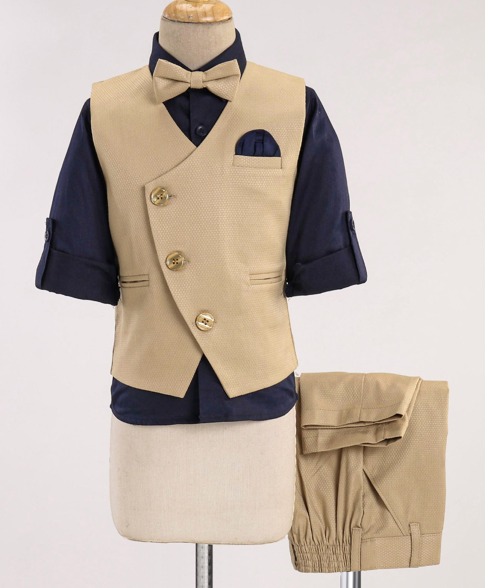 Robo Fry Knit Full Sleeves Three Piece Solid Colour Party Suit With Bow - Fawn-picture-15