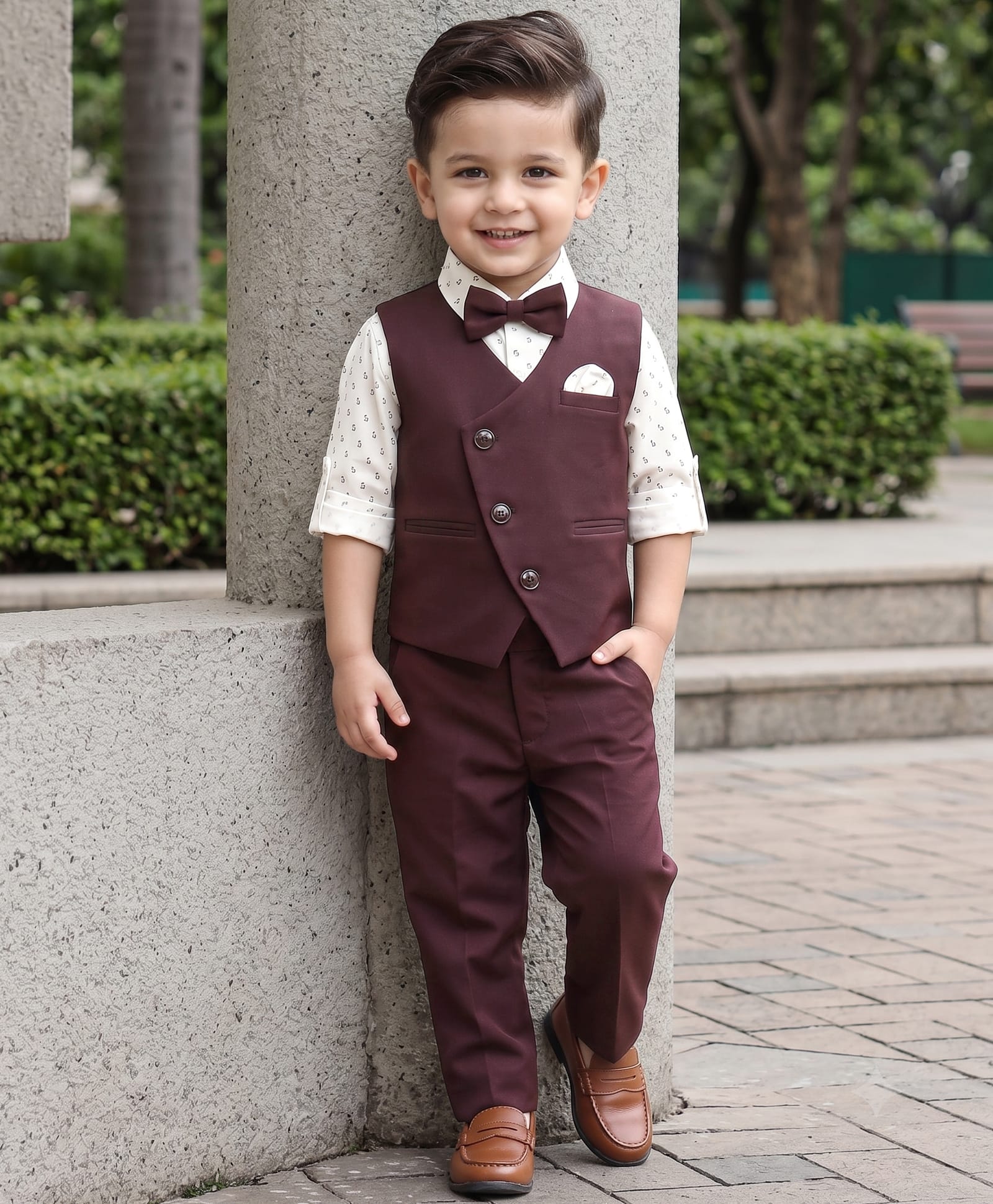 Robo Fry Full Sleeves Three Piece  Party Suit with Bow - Maroon-image-37