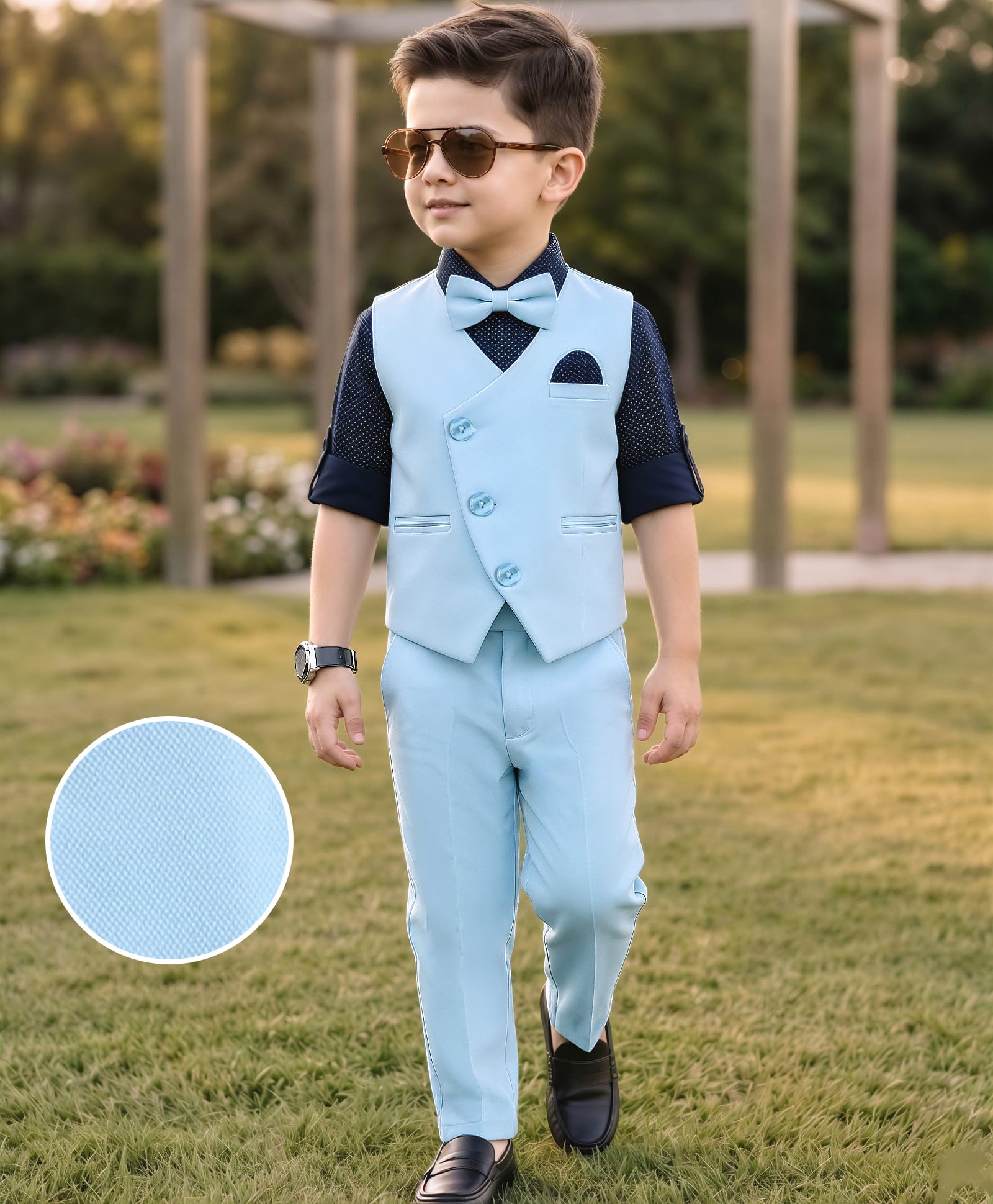 Robo Fry Woven Full Sleeves Party Suit with Bow Polka Dot Print - Blue-image-44