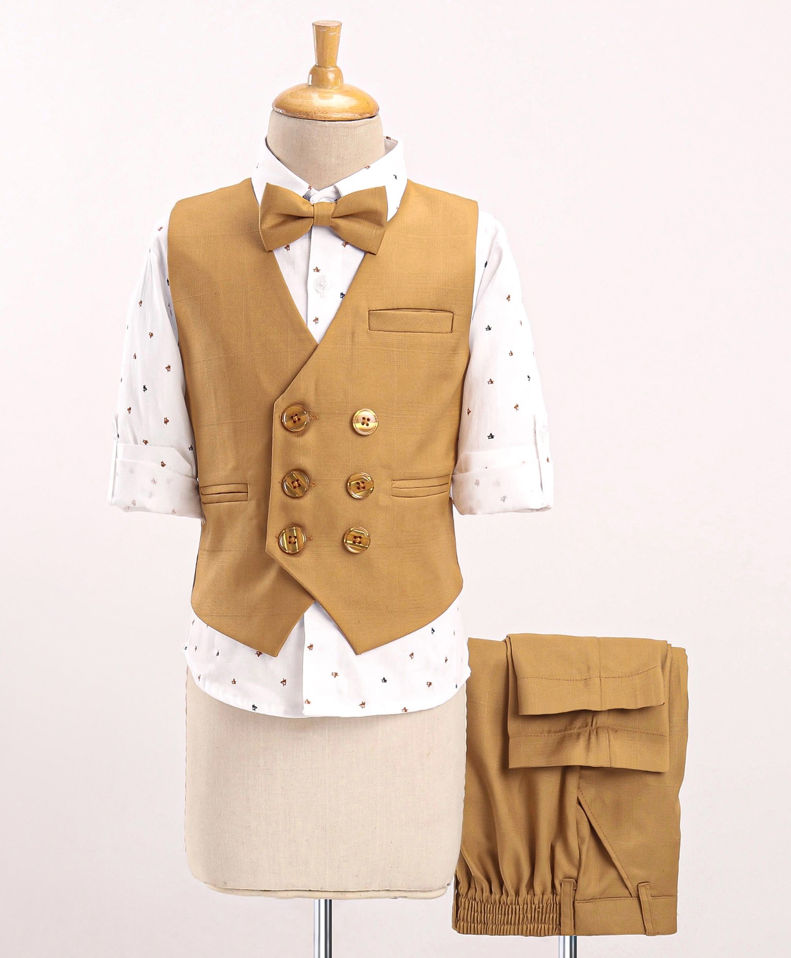 Robo Fry Full Sleeves Three Piece Party Suit with Bow - Mustard-picture-14