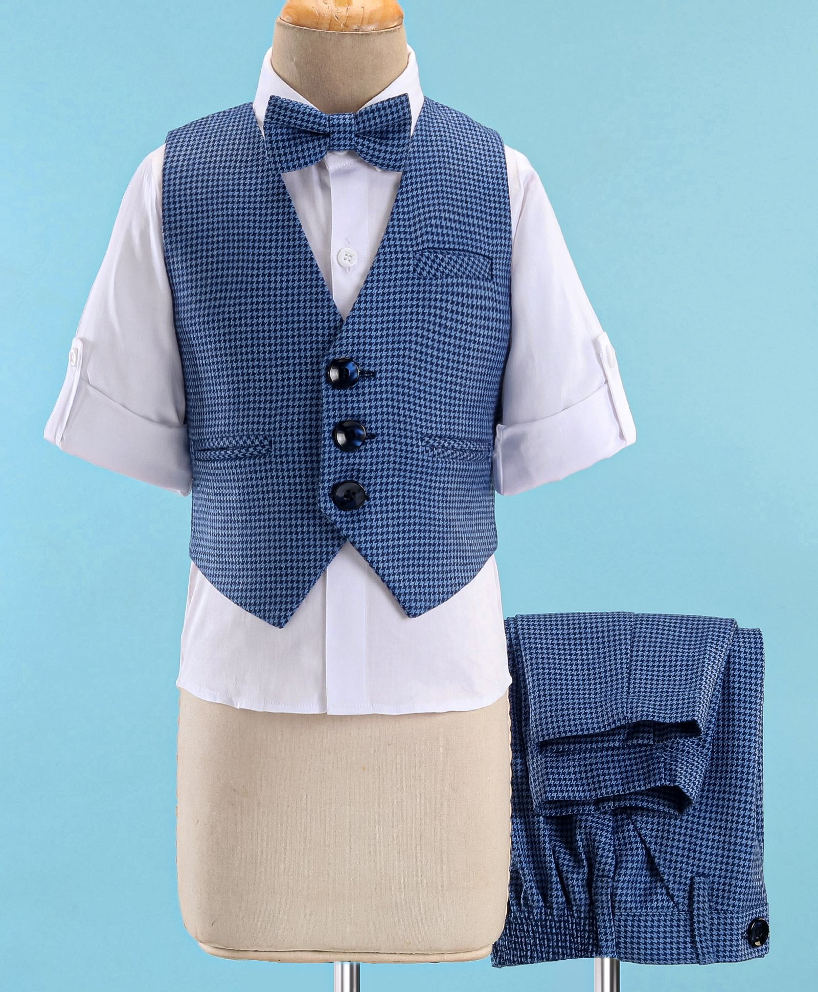 Robo Fry Full Sleeves Checks 3 Pieces Party Suit - Blue-image-47