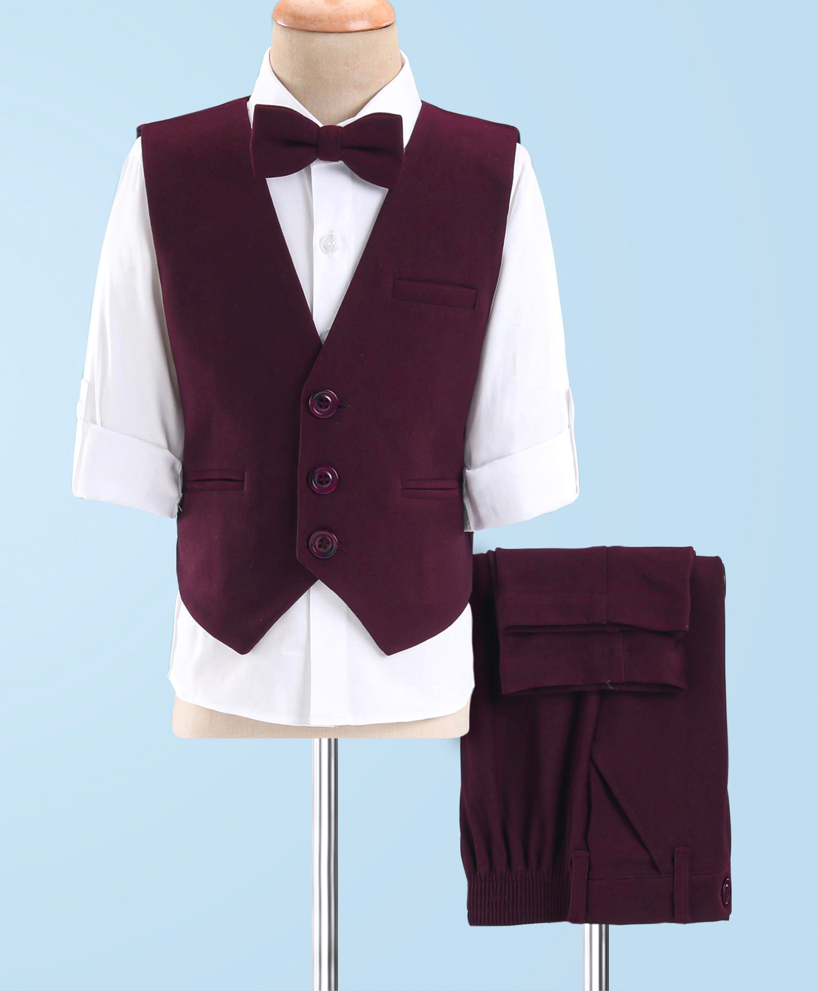 Robo Fry DC Full Sleeves Party Suits With Bow Solid Colour - Maroon & White-picture-16