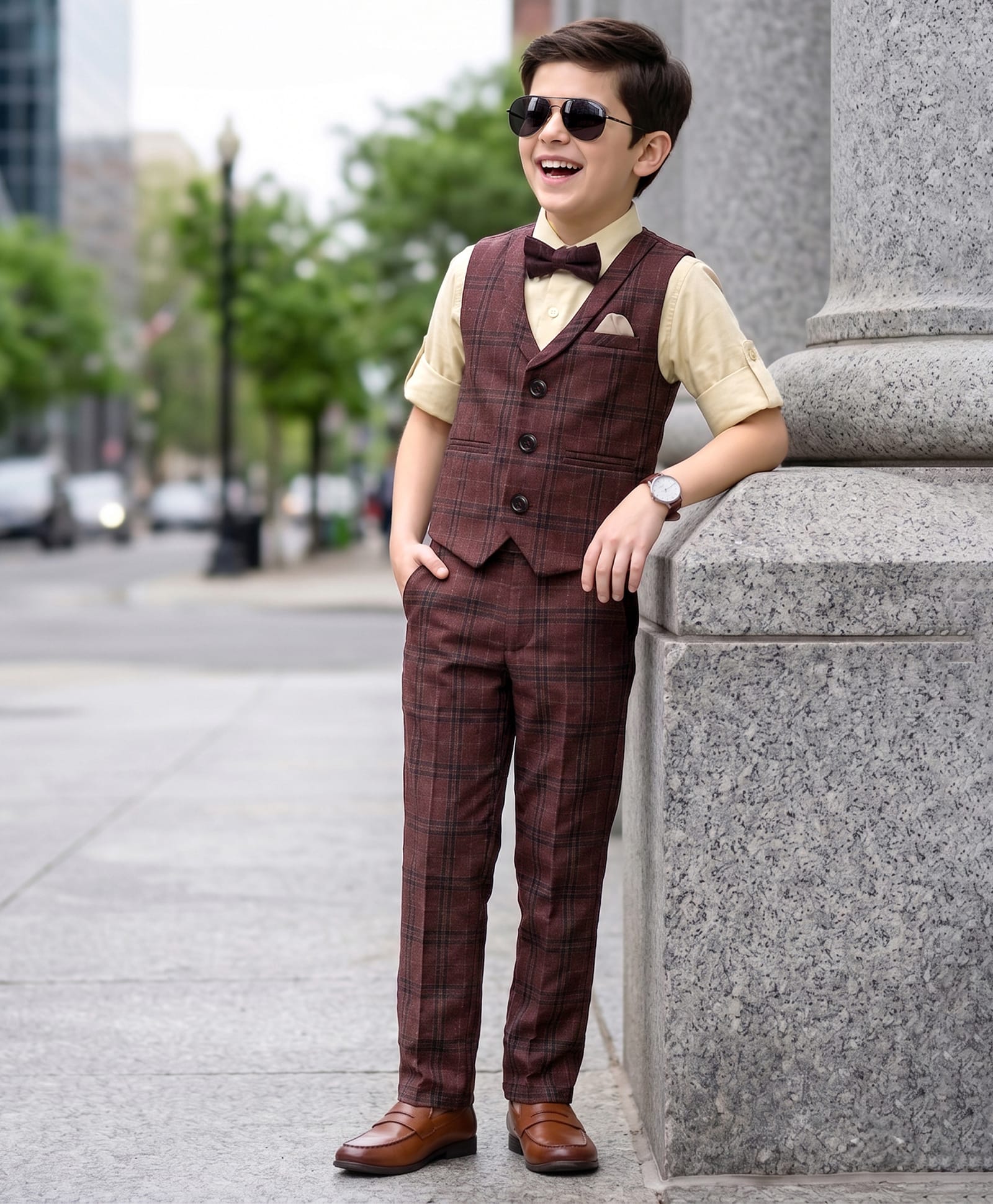 Robo Fry Woven Full Sleeves Three Piece Party Suit With Bow - Maroon-picture-12
