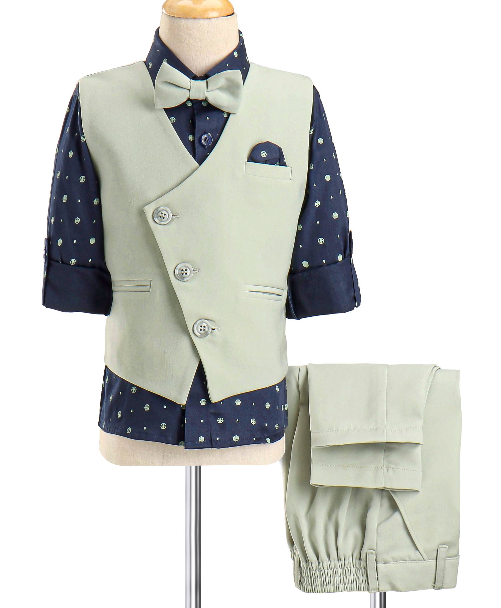 Robo Fry Full Sleeves Party Suit With Bow Geometric Shape Print - Pista & Navy Blue-picture-11