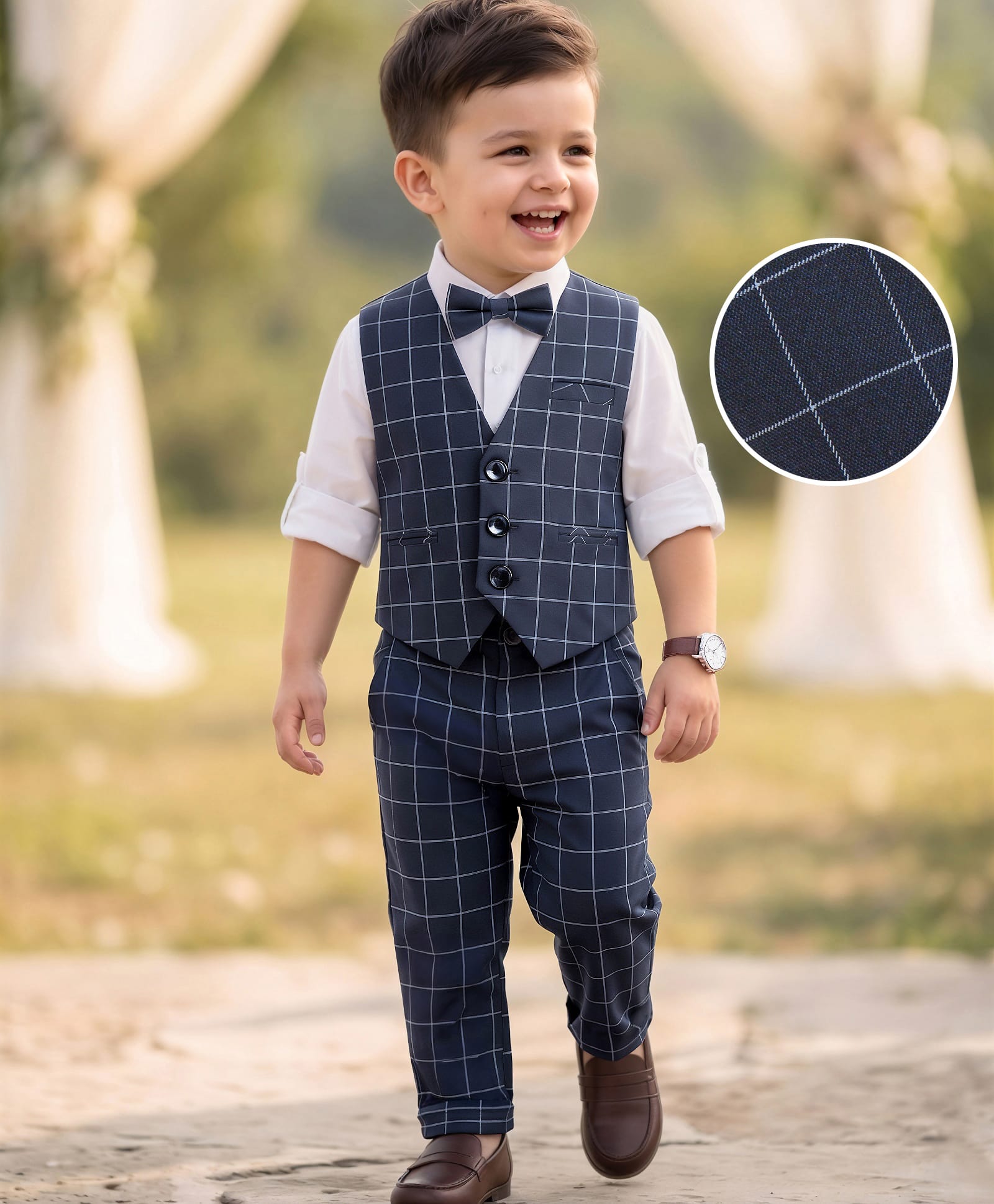 Robo Fry Full Sleeves Party Suit With Bow Checkered - Blue & White-picture-21
