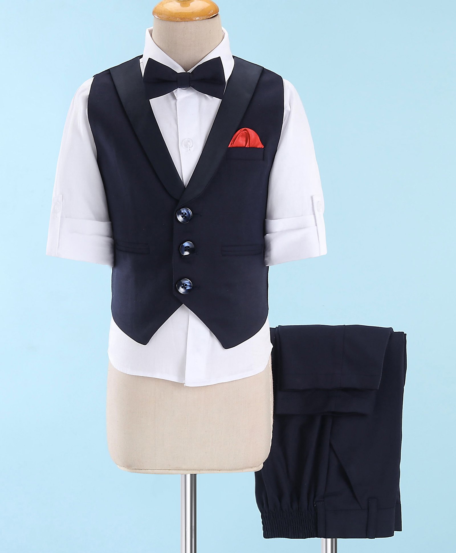 Robo Fry Full Sleeves Solid Colour 3 Pieces Party Suit - Navy Blue-image-19