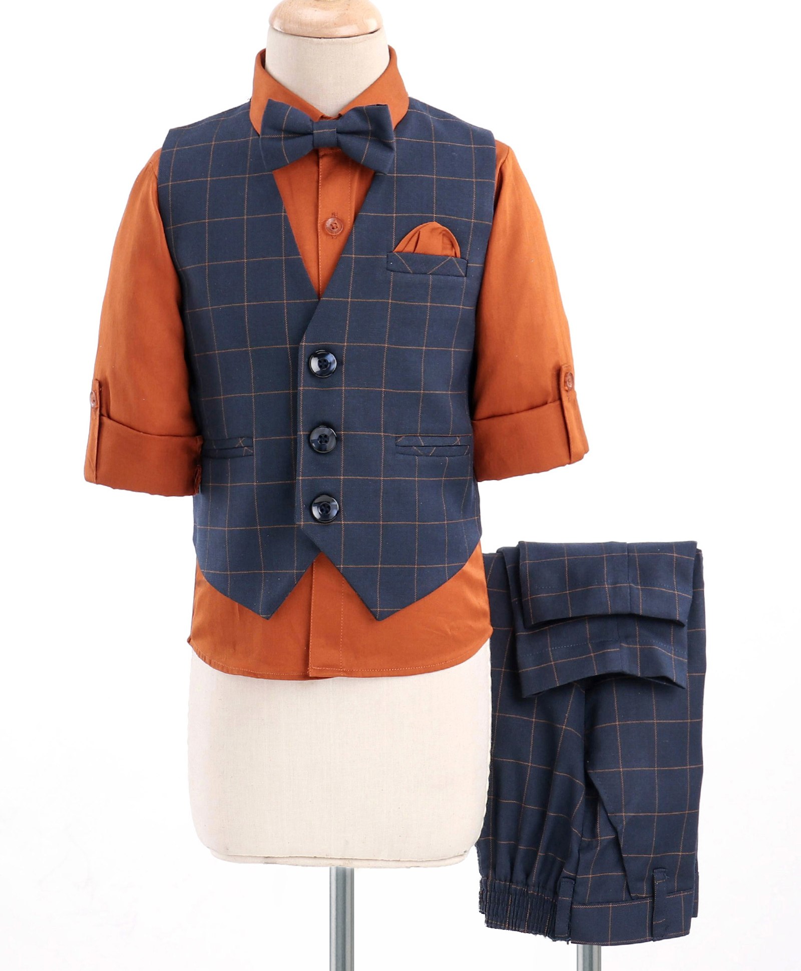 Robo Fry Full Sleeves Party Suits Check Design With Bow - Blue-picture-19