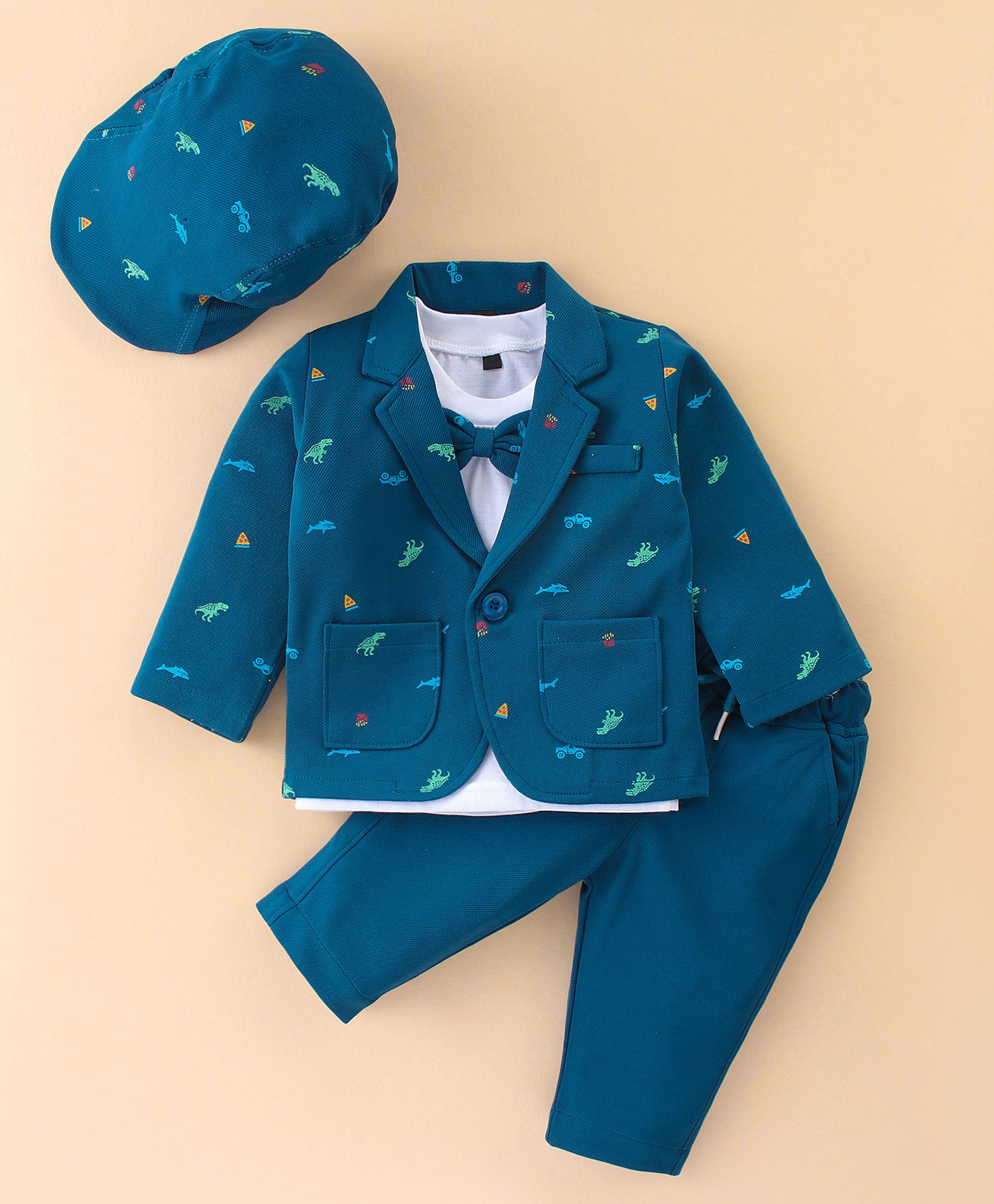 Robo Fry Knitted Full Sleeves Design Printed Party Suit with Cap & Bow Tie - Blue-image-9