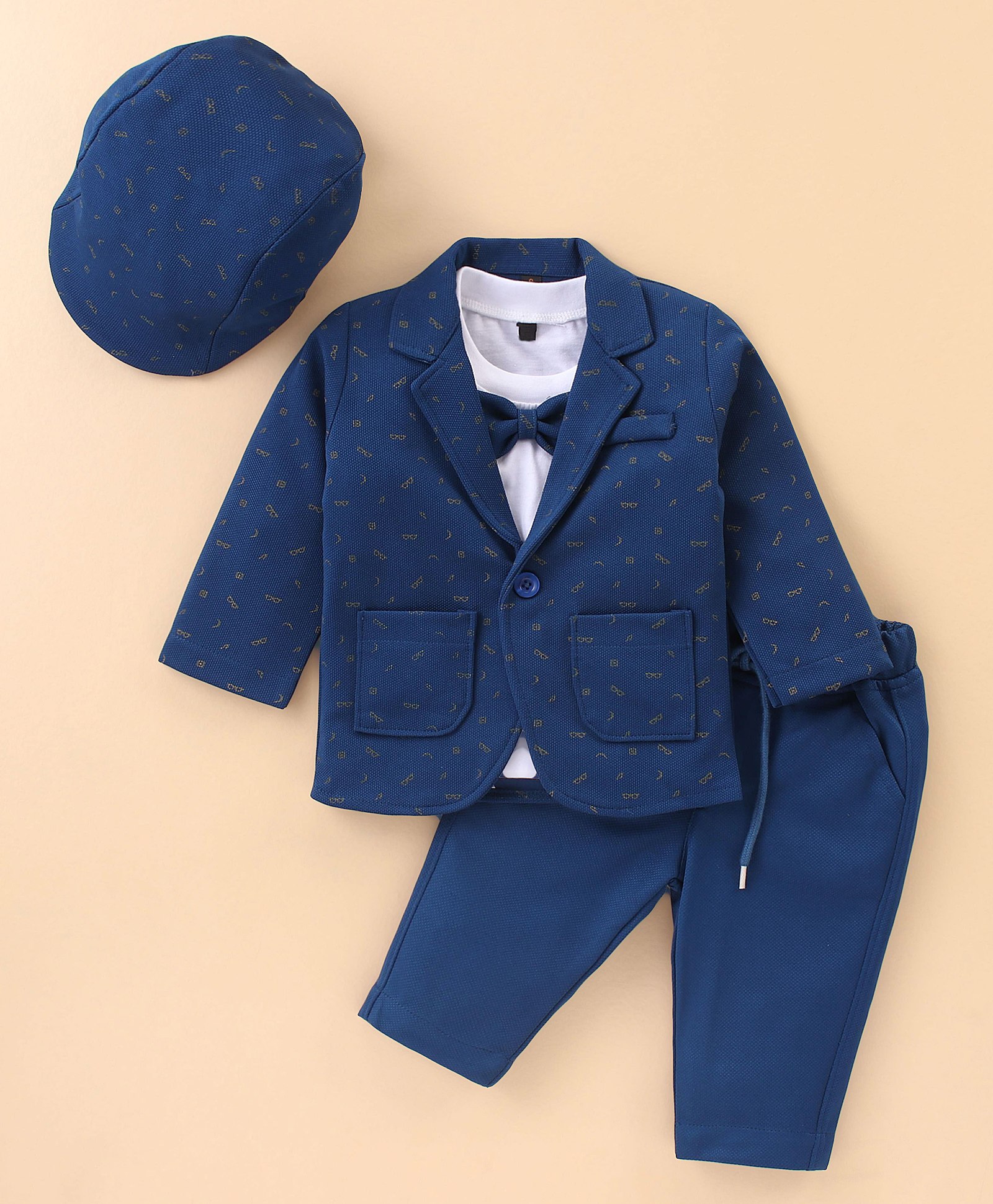 Robo Fry Knitted Full Sleeves Design Printed Party Suit with Cap & Bow Tie - Blue-image-11
