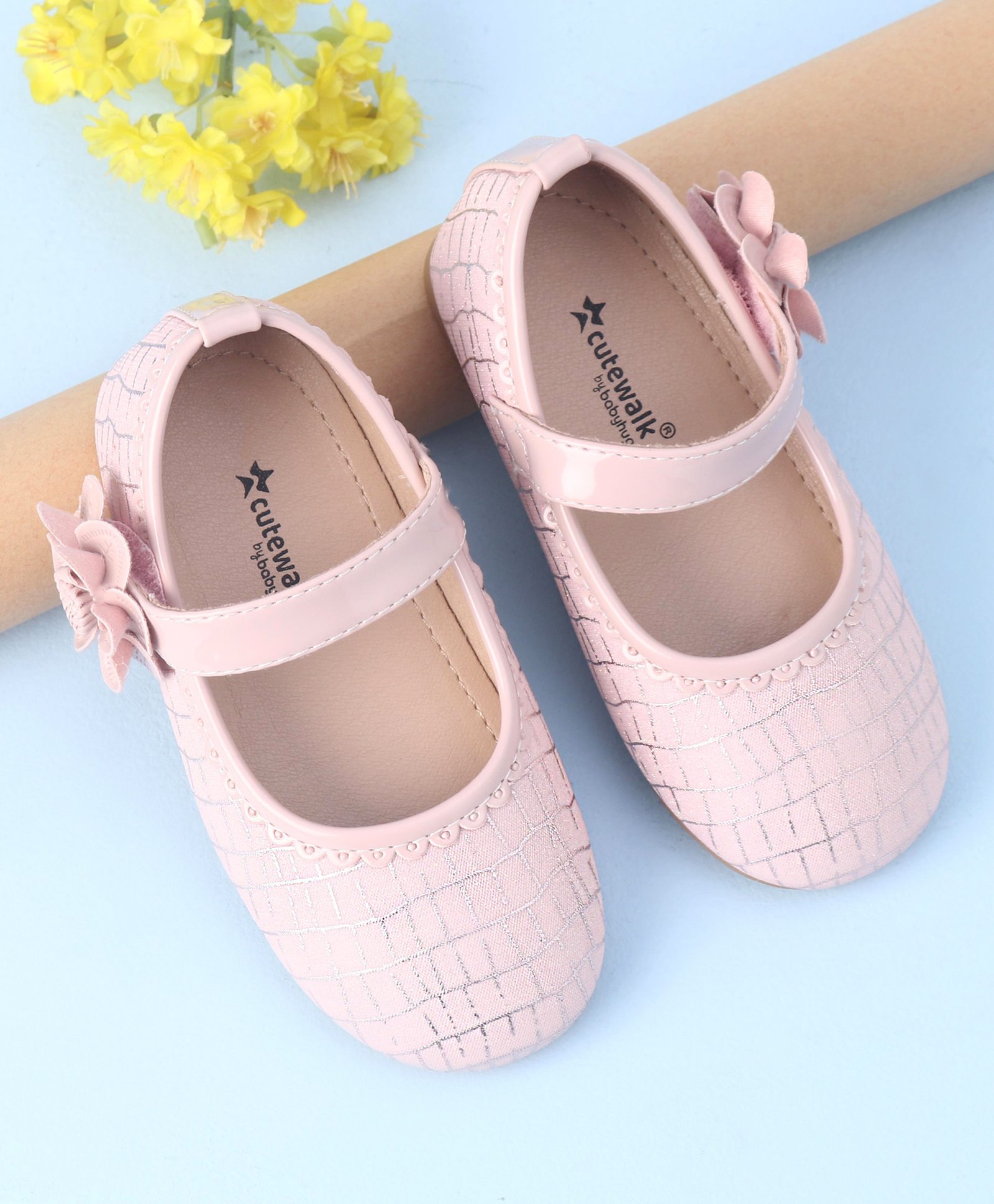 Cute Walk by Babyhug Velcro Closure Bellies with Floral Applique & Checked Pattern - Pink-image-43