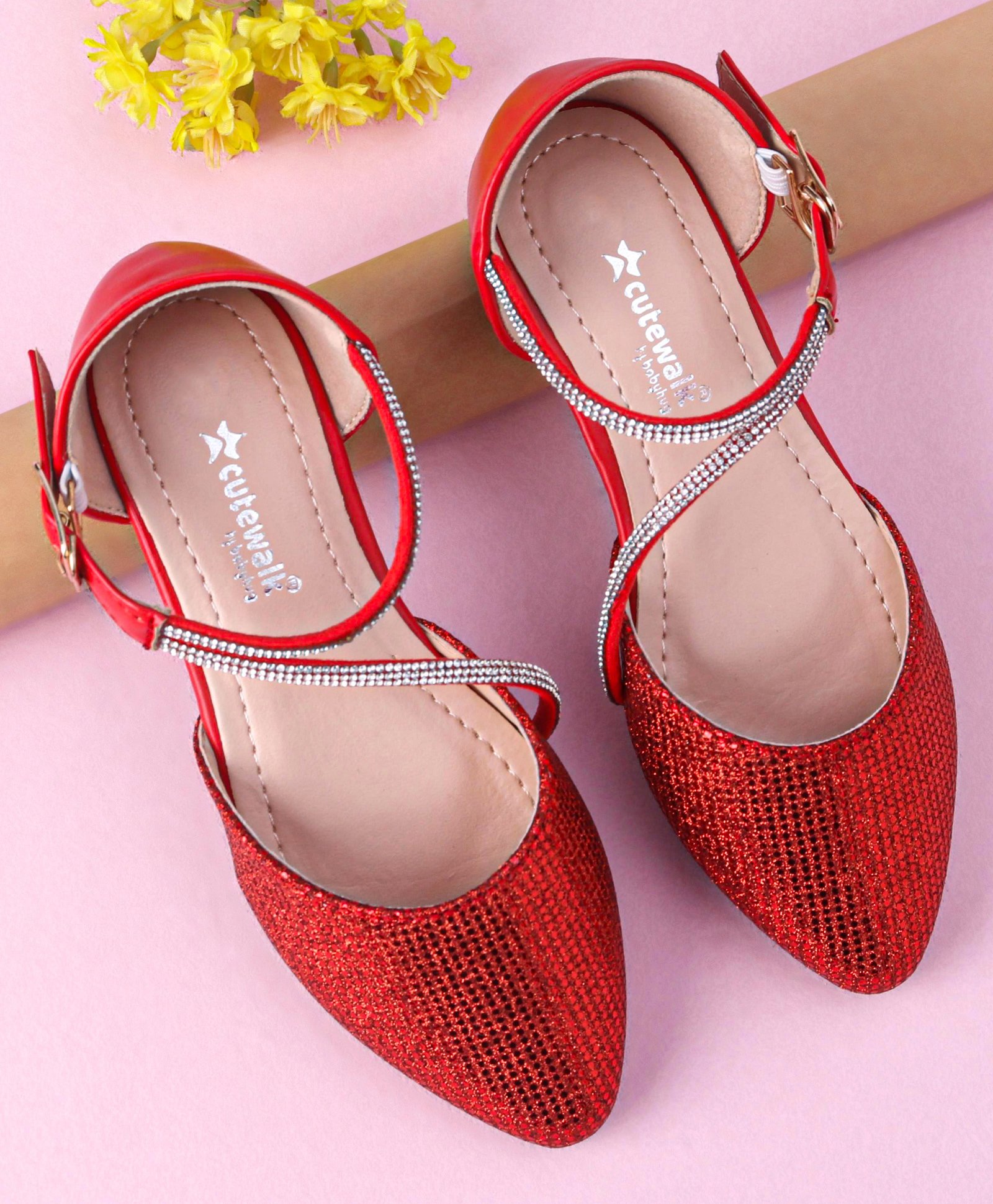 Cute Walk by Babyhug Shimmery & Studded Bellies with Buckle Closure - Red-image-1