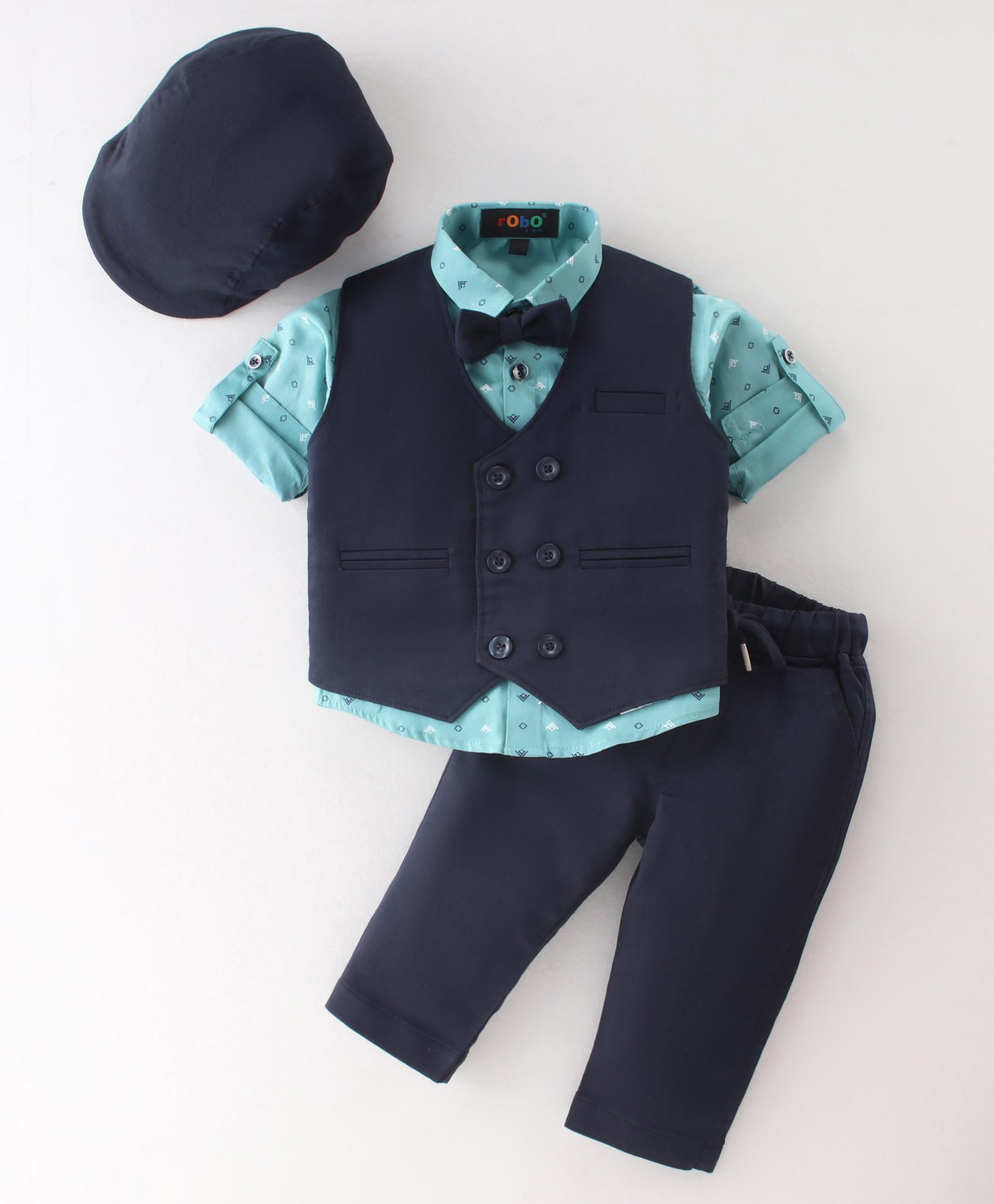 Robo Fry Cotton Lycra Full Sleeves Three Piece Party Suit with Bow & Hat - Navy Blue-picture-18