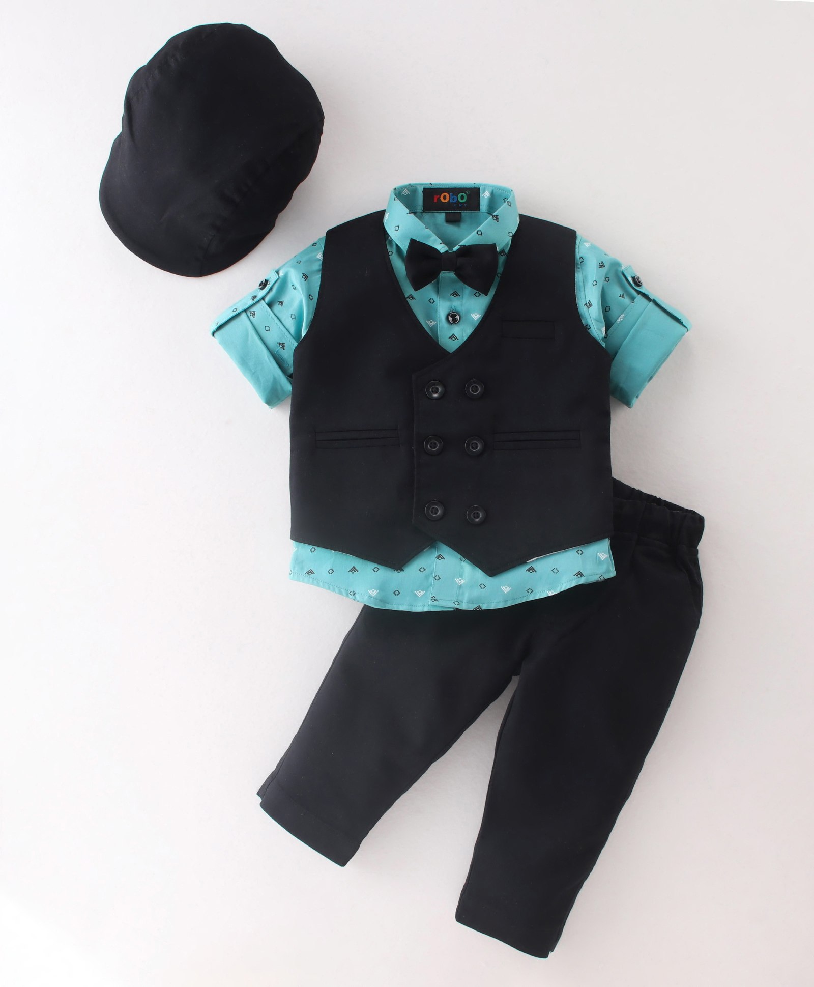 Robo Fry Cotton Lycra Full Sleeves Three Piece Party Suit with Bow & Hat - Black-picture-21
