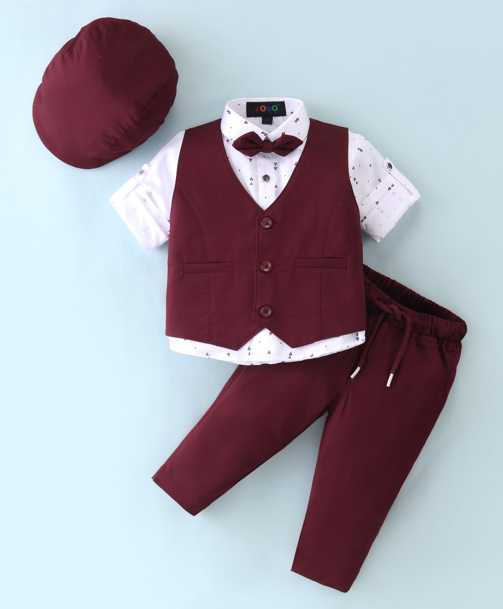 Robo Fry Cotton Lycra Full Sleeves 3 Pieces Solid Colour Party Suits with Cap - Red-picture-35