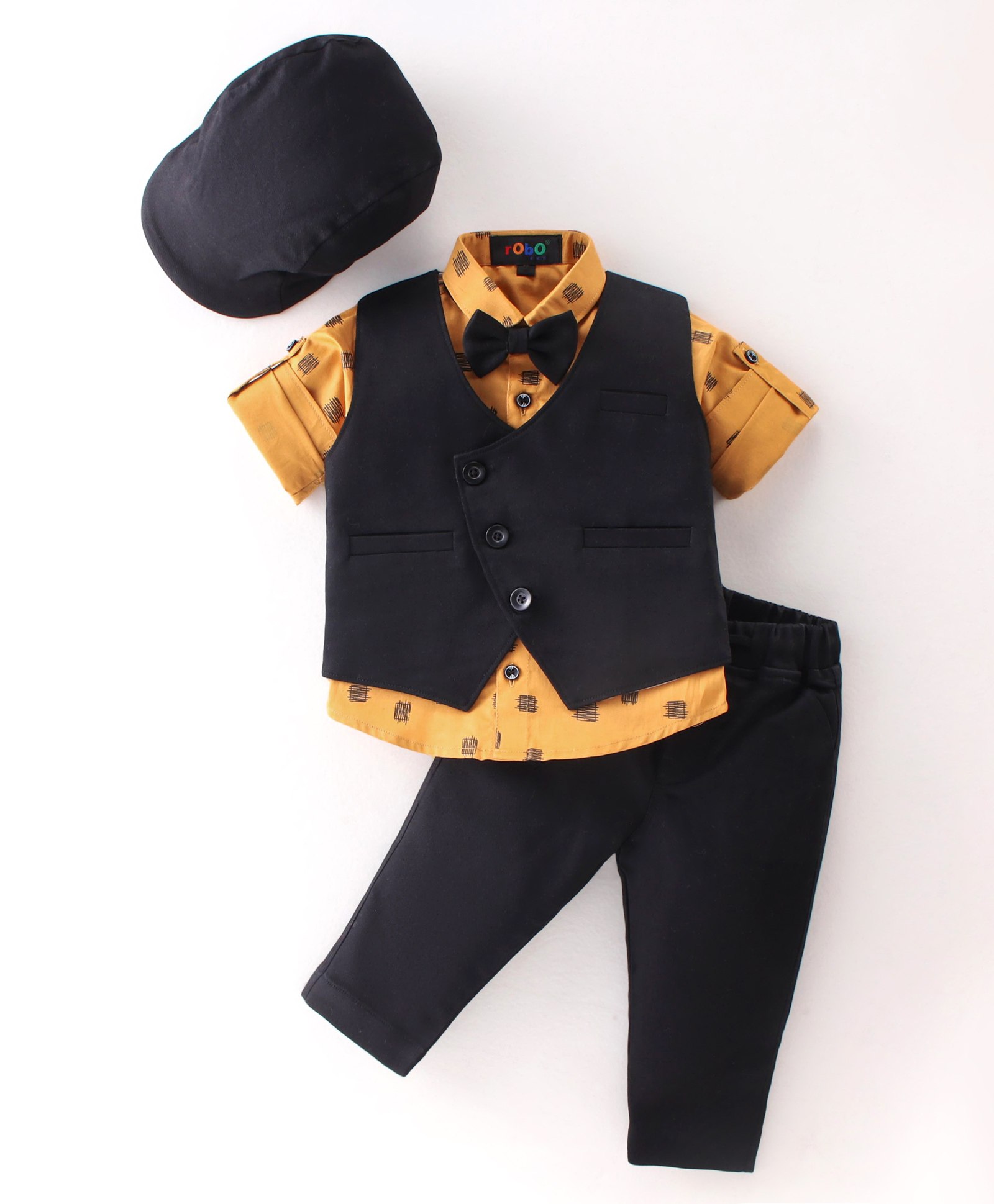 Robo Fry Cotton Lycra Full Sleeves Three Piece Party Suits With Cap Solid Colour - Yellow & Black-picture-17