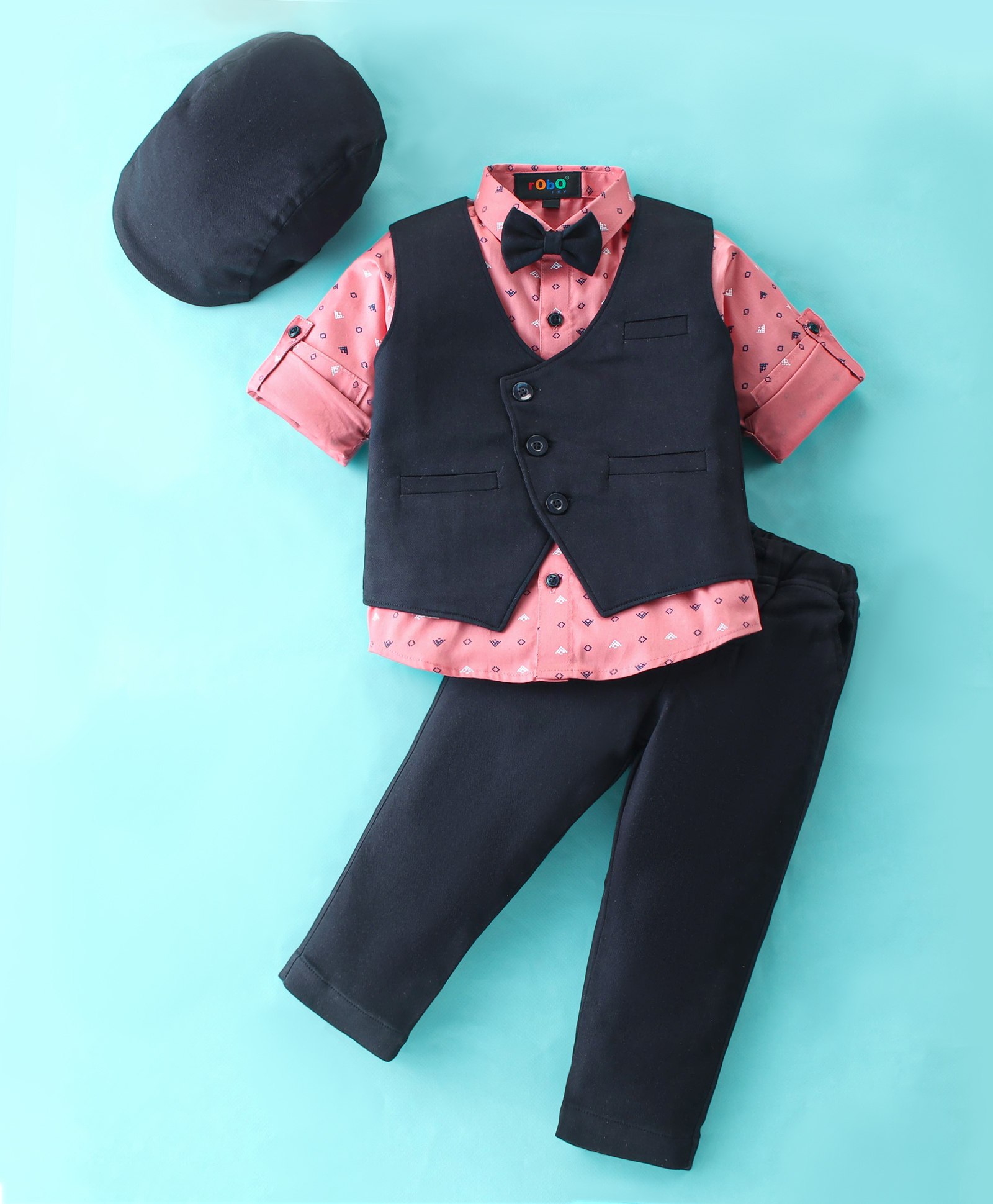 Robo Fry Cotton Lycra Full Sleeves Three Piece Party Suits With Cap Solid Colour- Pink & Navy Blue-picture-34