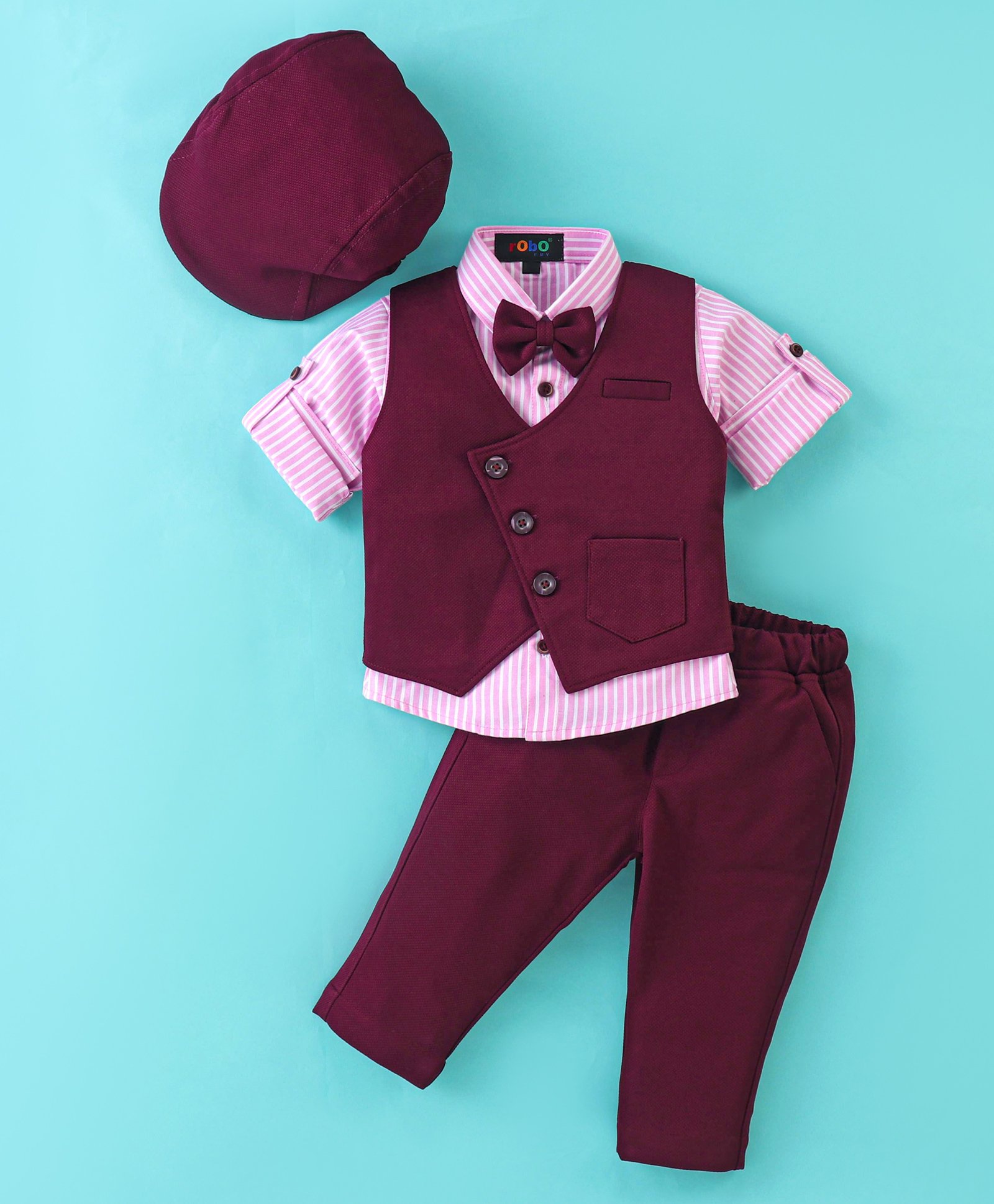 Robo Fry Cotton Lycra Knit Full Sleeves 3 Pieces Solid Colour Party Suits with Cap & Bow - Wine-picture-27