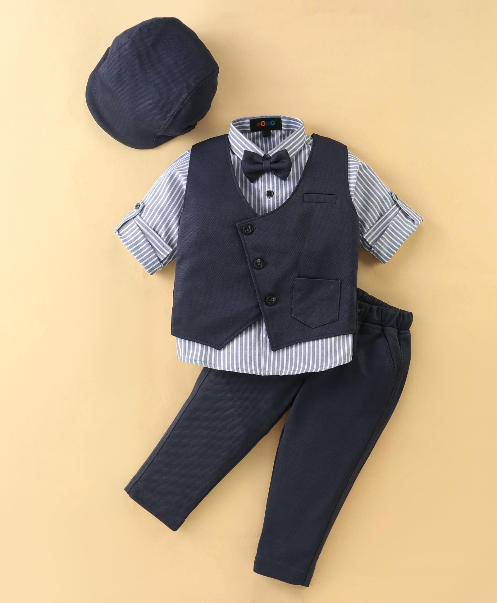 Robo Fry Cotton Lycra Knit Full Sleeves 3 Pieces Solid Colour Party Suits with Cap & Bow - Deep Grey-picture-30