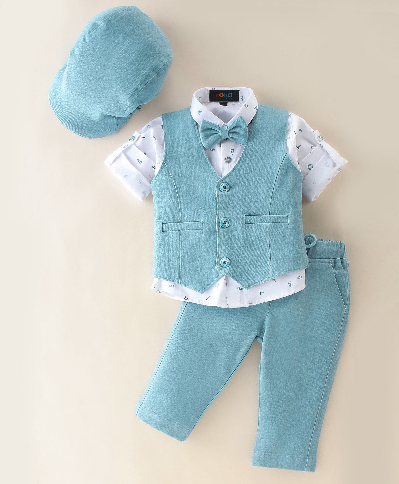 Robo Fry Cotton Lycra Full Sleeves Solid Colored Party Suit With Cap & Bow - Blue-picture-17
