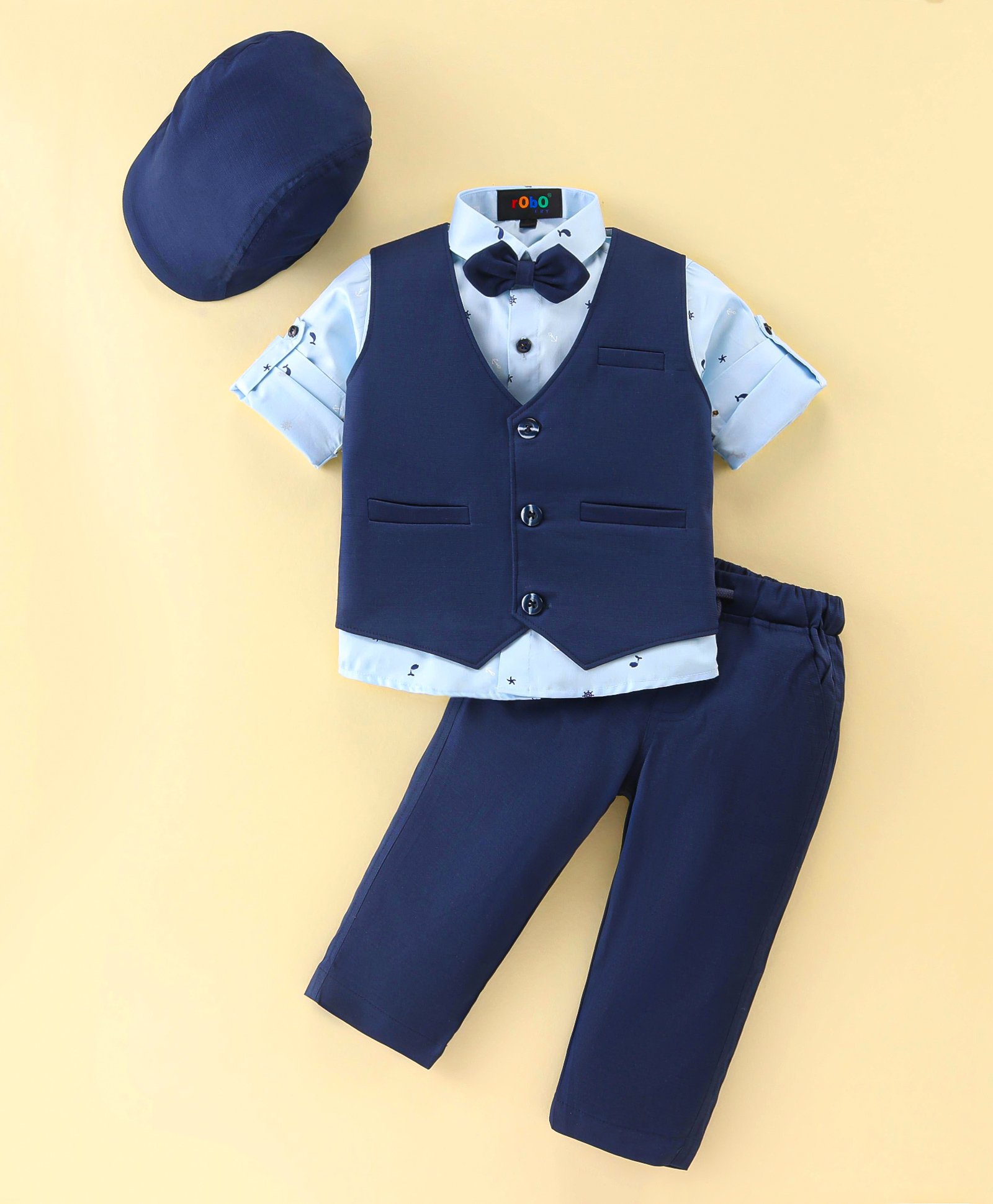 Robo Fry Cotton Lycra Full Sleeves Three Piece Party Suit with Cap & Bow - Navy Blue-picture-38