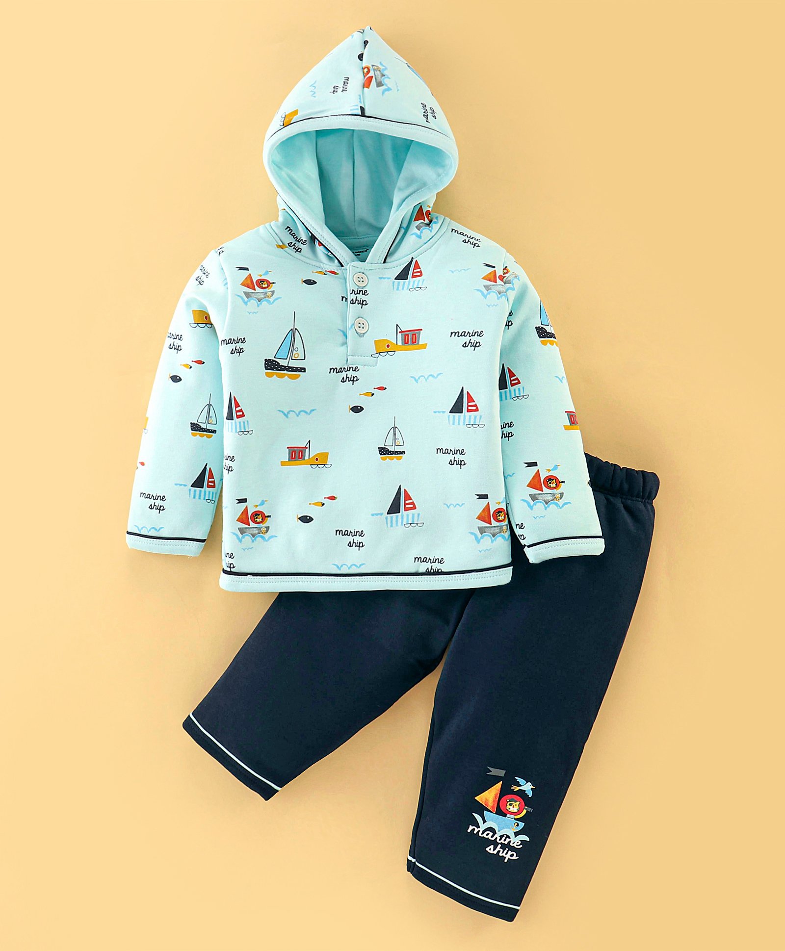 Cucumber Cotton Foam Full Sleeves Winter Wear Hooded T-Shirt and Lounge Marine Life Print - Blue-image-34