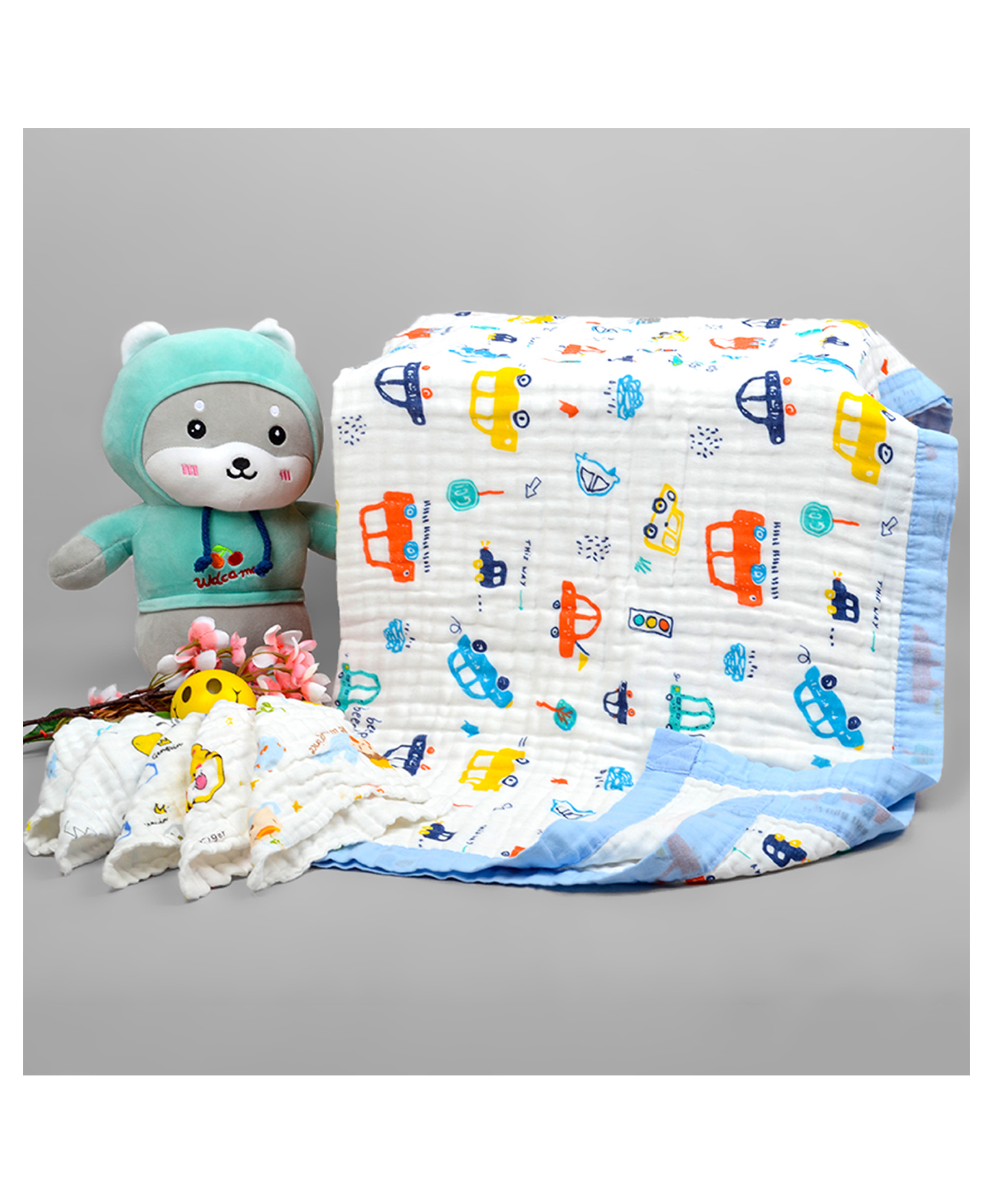 Moms Home Baby Muslin 6 Layer Wash Towel & Pack of 5 Napkins - Blue-image-39