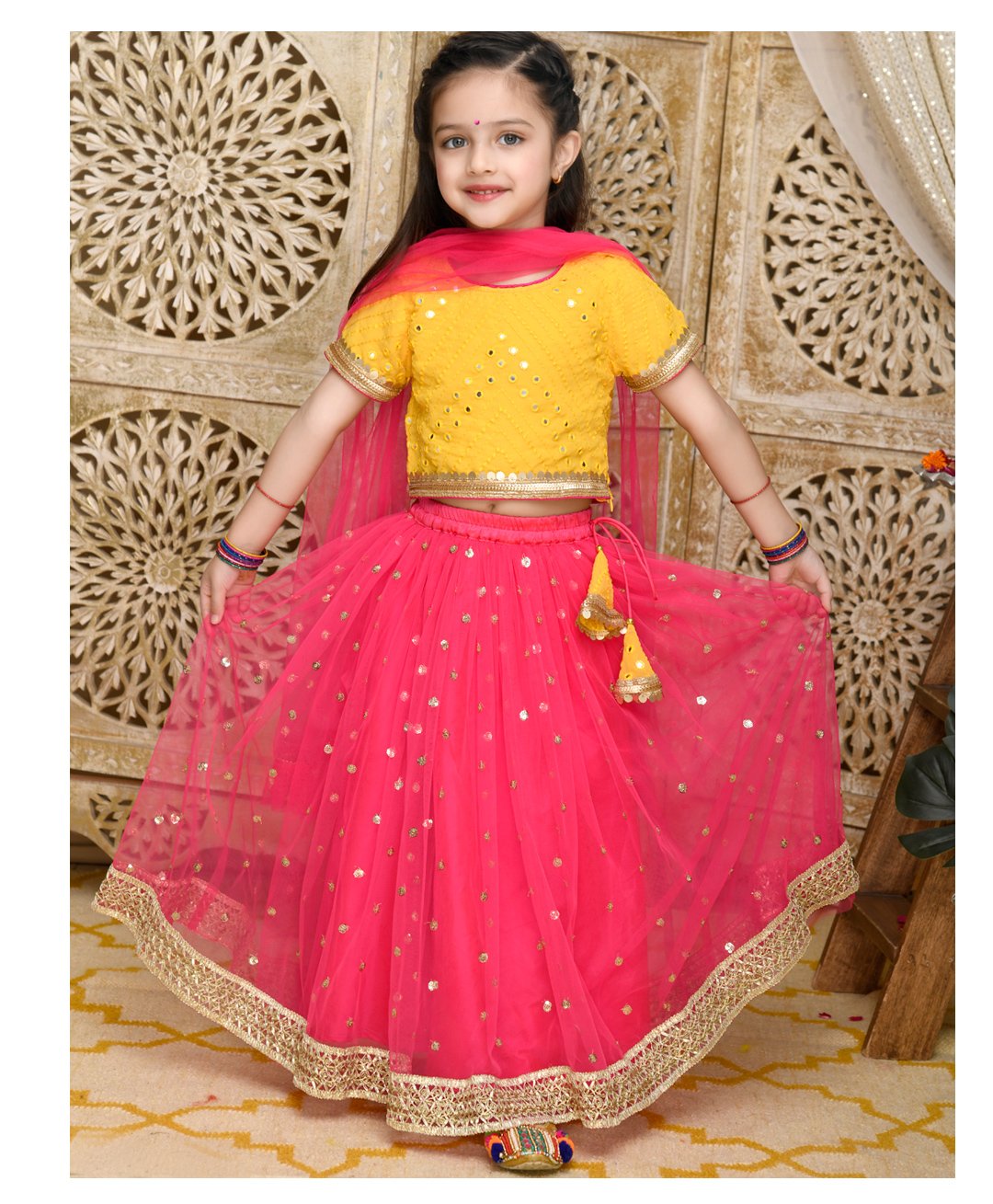Saka Designs By Sapna Half Sleeves Mirror Work Detailed Embroidered & Sequin Embellished Lehenga Choli With Dupatta - Yellow & Magenta-picture-24