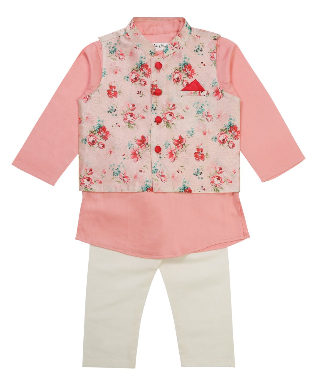 Saka Designs By Sapna Full Sleeves Cotton Kurta Payjama With Floral Printed Jacket Set - Pink White-image-25