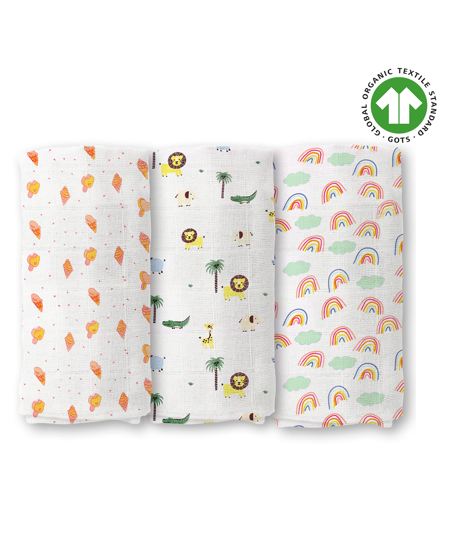 Moms Home Organic Cotton Muslin Swaddle Wrap Rainbow Jungle Icecream Print Pack of 3 - Multicolour-image-29