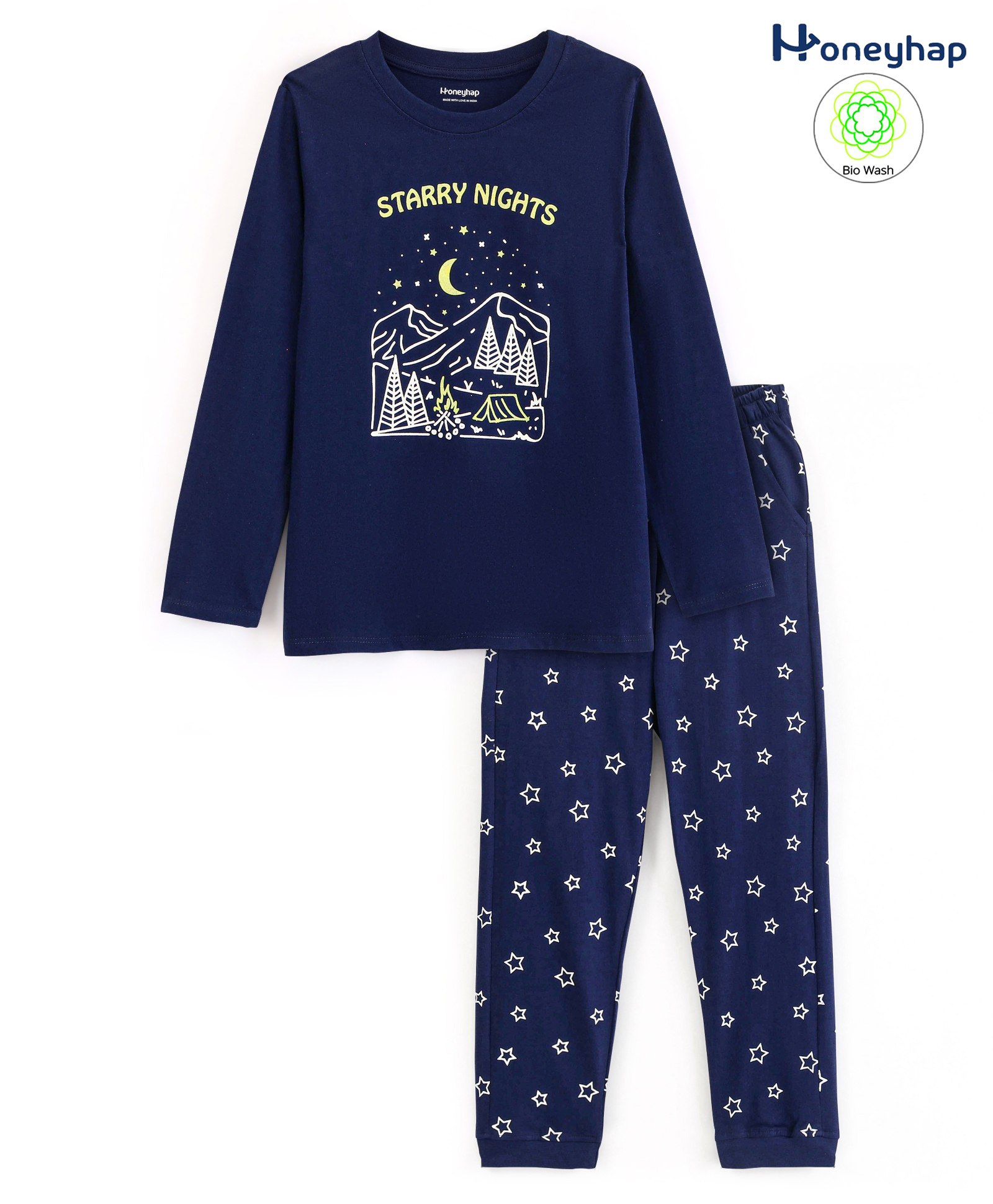Honeyhap Premium Cotton Starry Nights Printed Full Sleeves Night Suit with Bio Finish - Navy Peony-image-47
