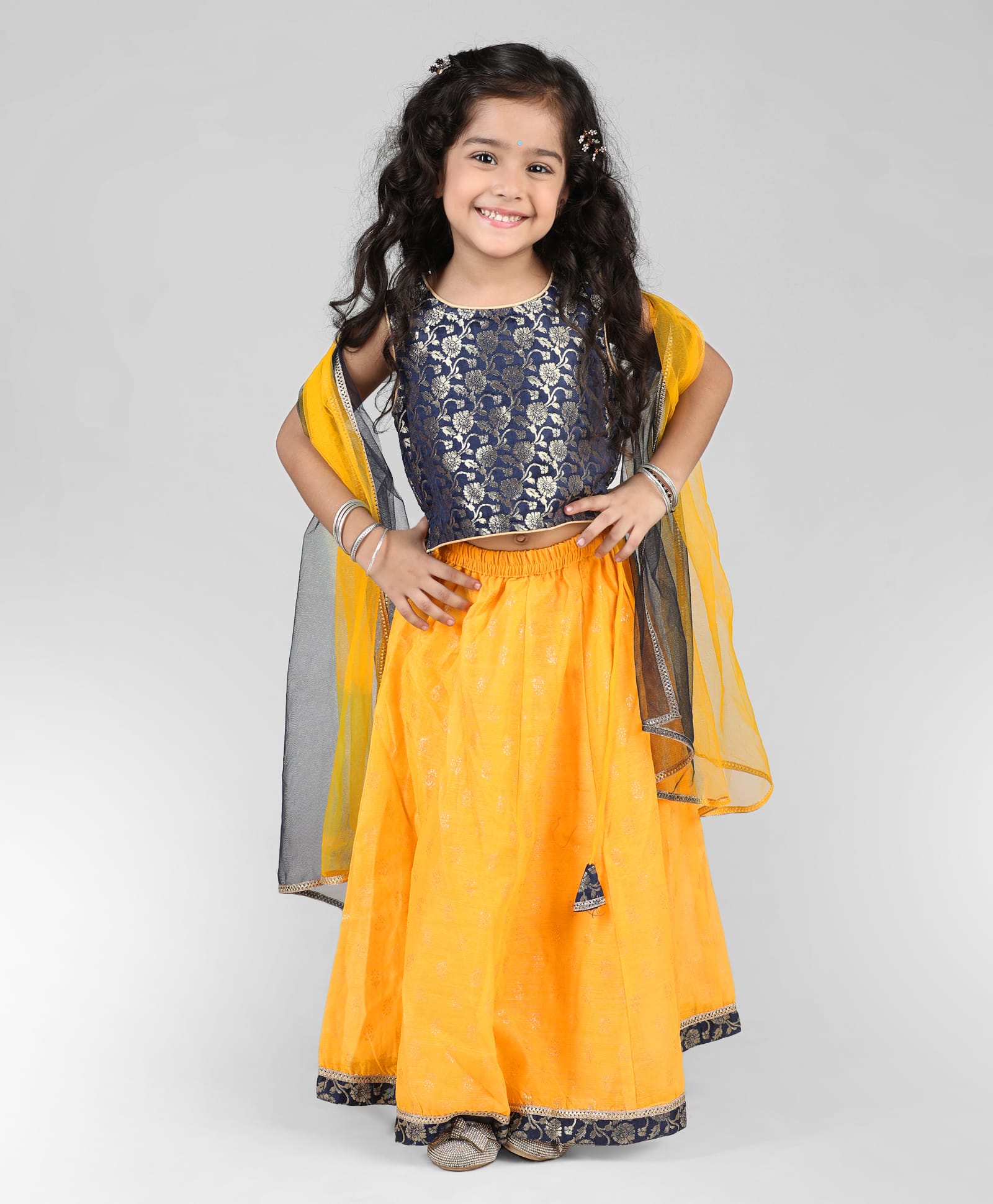 Babyhug Sleeveless Brocade Choli Foil Printed Lehenga and Dupatta Set - Yellow & Navy Blue-image-44