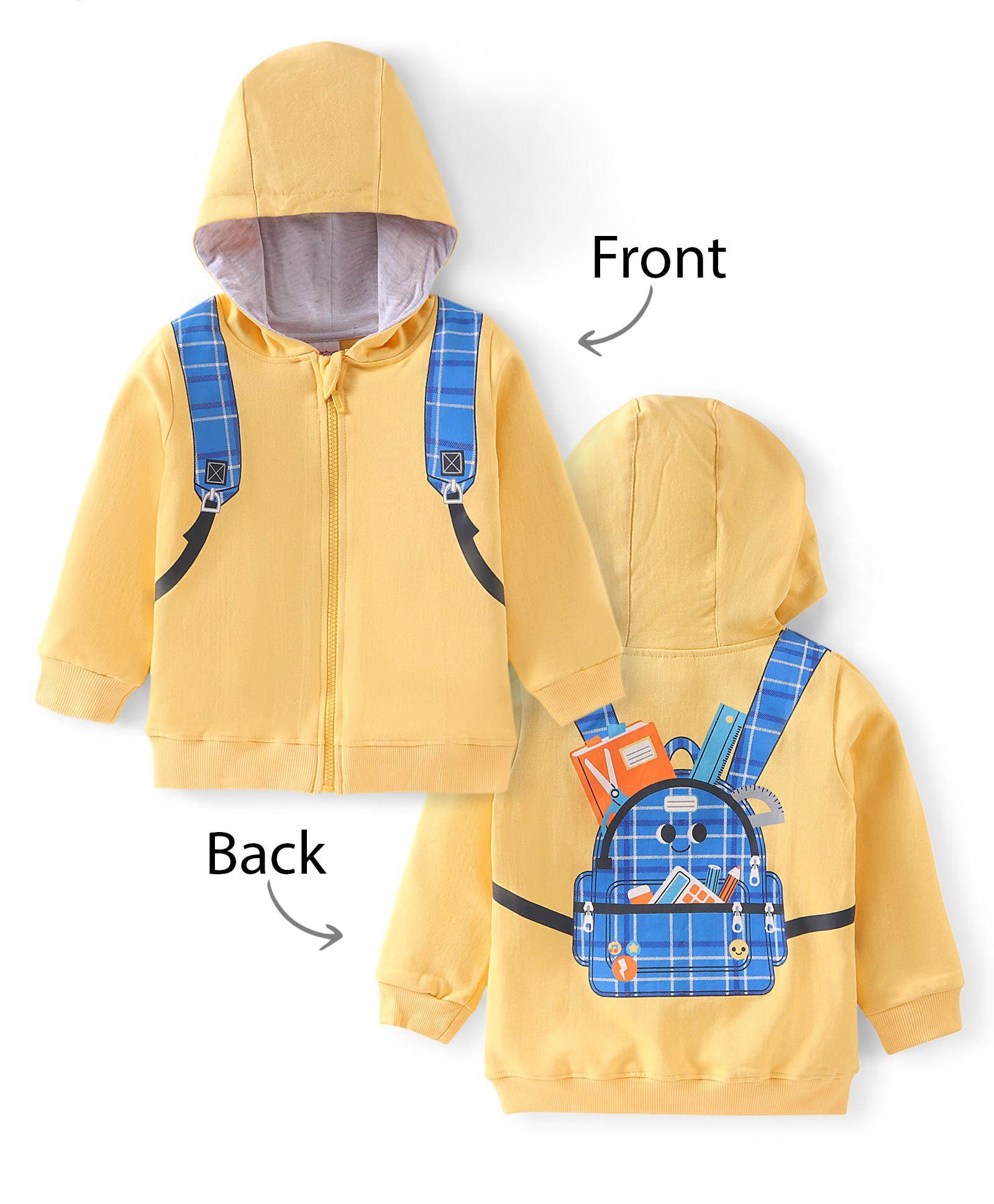 Babyhug Cotton Knit Full Sleeves Hooded  Sweatjacket with Zipper & Bag Graphics on Back - Yellow-image-44