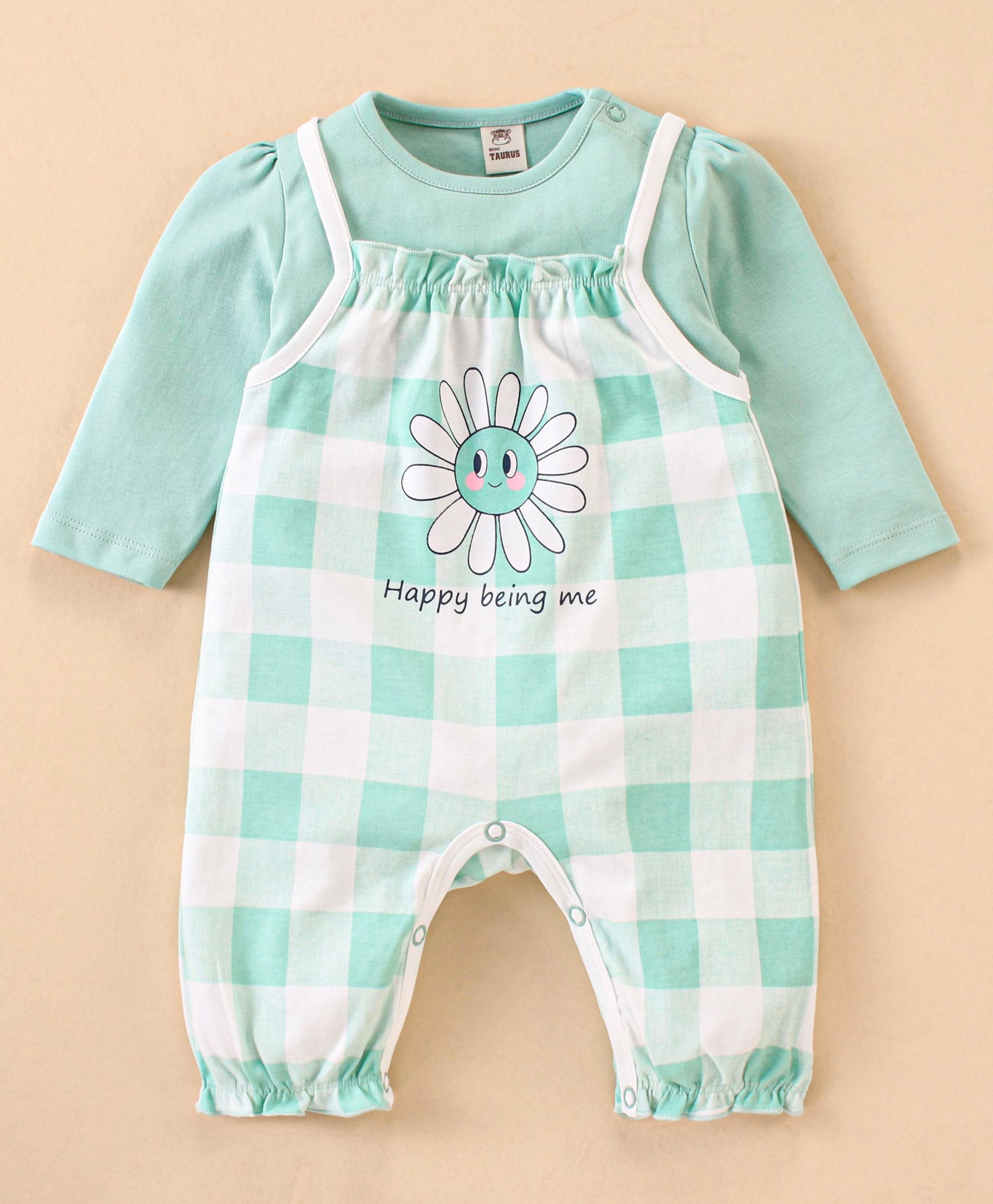 Mini Taurus Cotton Full Sleeves Dungaree Style Rompers with Inner Tee Checked Print - Pink-picture-26