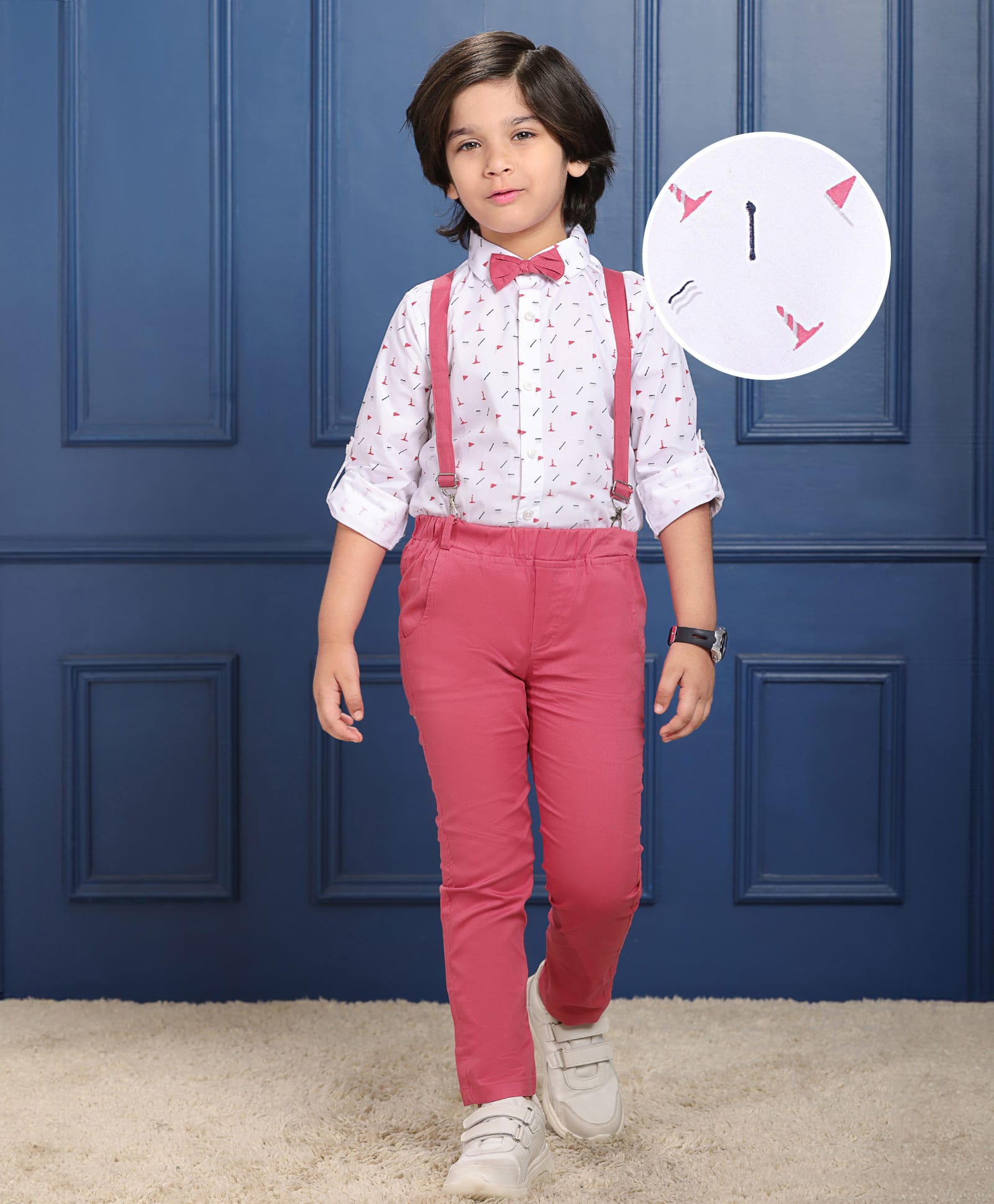 Mark & Mia Full Sleeves Golf Course Printed Party Shirt & Trouser Set with Bow Tie & Suspender - Red & White-image-12