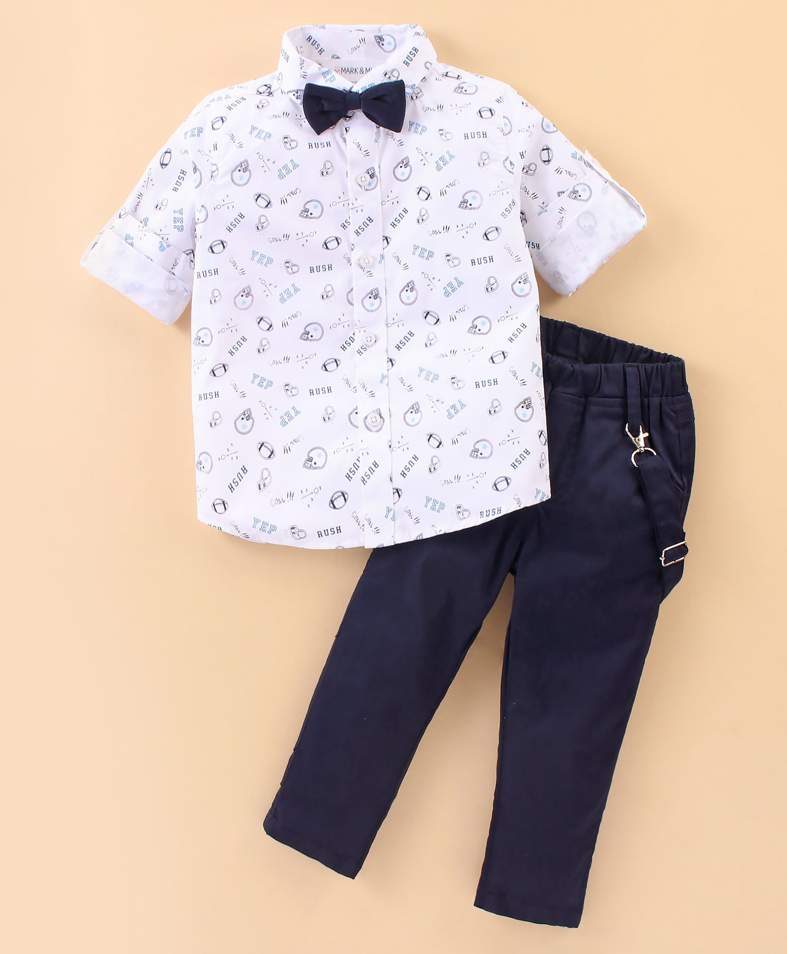 Mark & Mia Full Sleeves Text Printed Shirt and Trouser Set with Bow and Suspender - Navy Blue & White-image-40