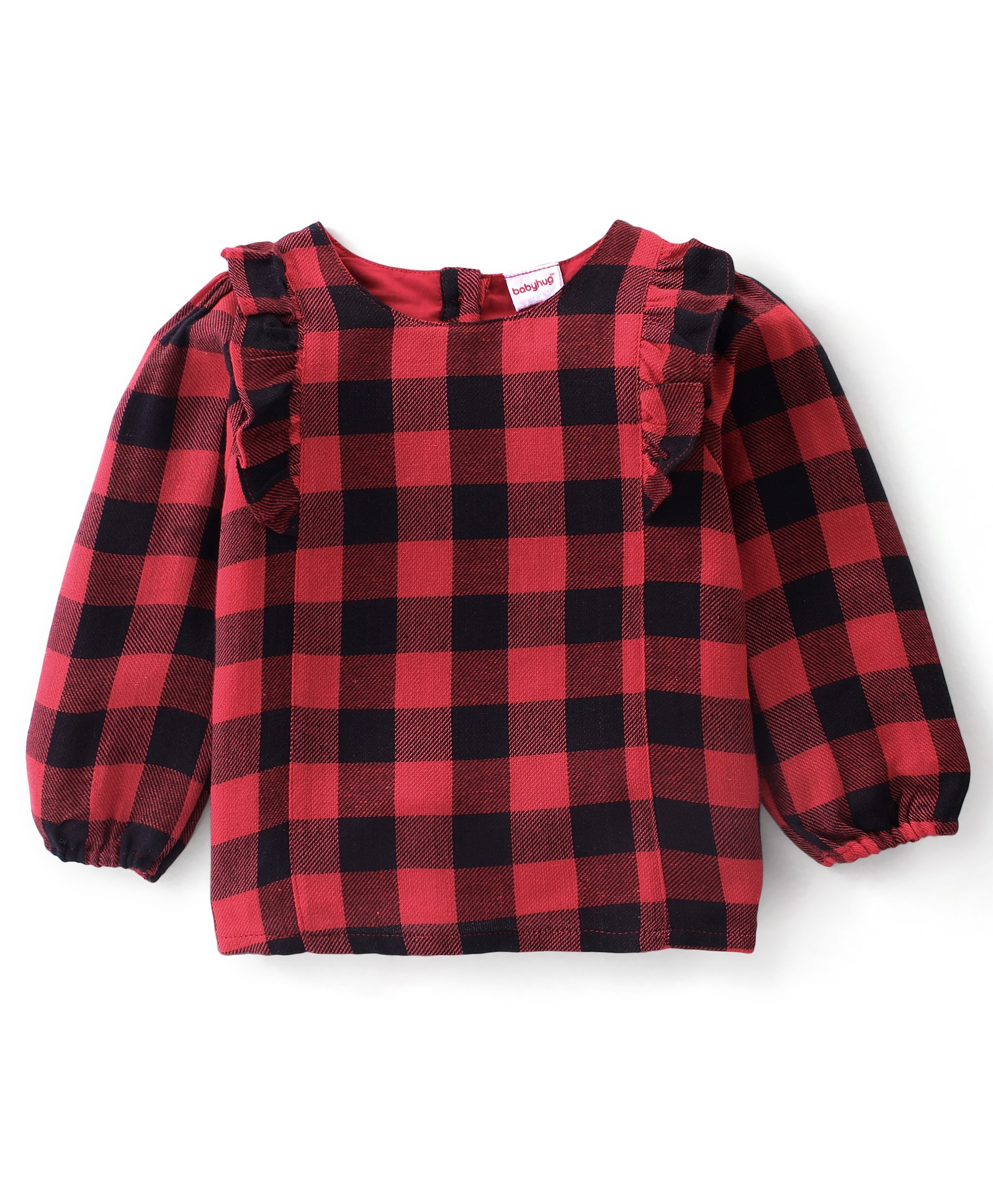 Babyhug 100% Rayon Full Sleeves Yarn Dyed Checks Top With Frill Detailing- Red & Black-image-2