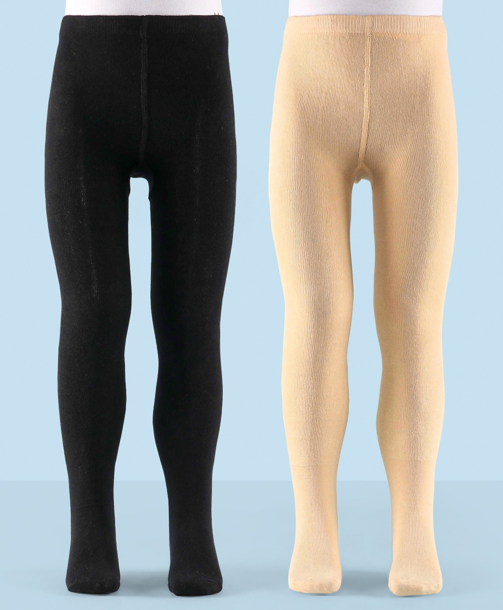 Honeyhap Premium Cotton Stretchable Self Knitted Footed Tights Solid Pack of 2 - Black & Apricot Illusion-image-3