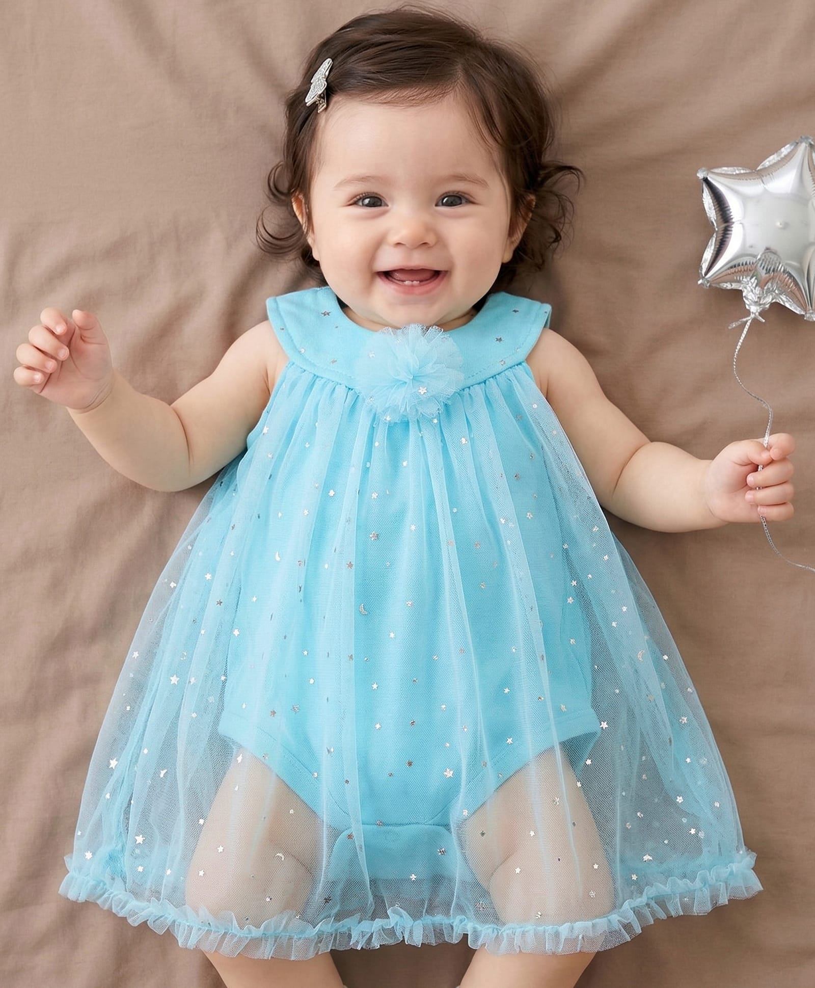 Babyhug Cotton Knit Sleeveless Party Wear Frock Style Onesie with Floral Corsage & Star Sequin Embellished - Blue-image-32