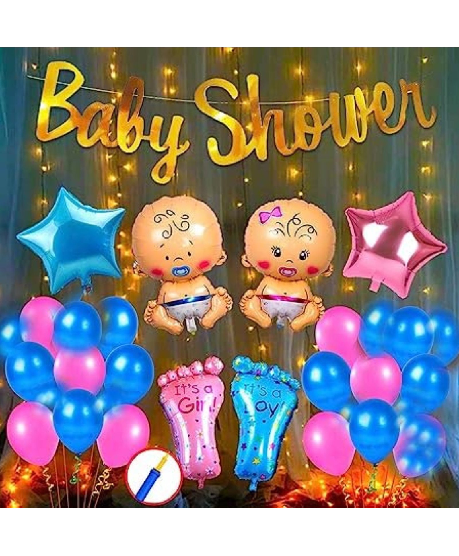 Bubble Trouble Baby Shower Combo Decorations Set 50 Pcs Baby Shower Balloon Latex Star Foil Balloon Baby with Foil Curtain for Maternity Hand Balloon Pump for Maternity Pregnancy Photoshoot-image-15