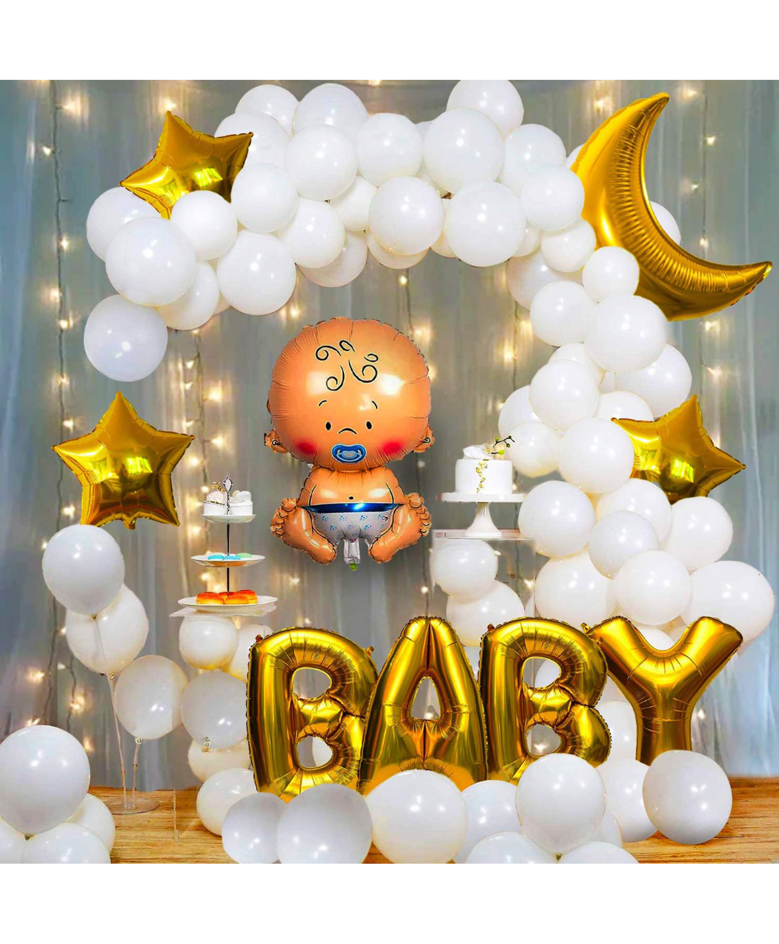 Bubble Trouble Golden Baby Decoration Combo 57 Pcs Set With Lights Foil Curtain Moon & Star Foil Balloon Latex Balloons With Baby Letter For Welcome Baby Arrival Home Kids Birthday Decorations Items-image-16