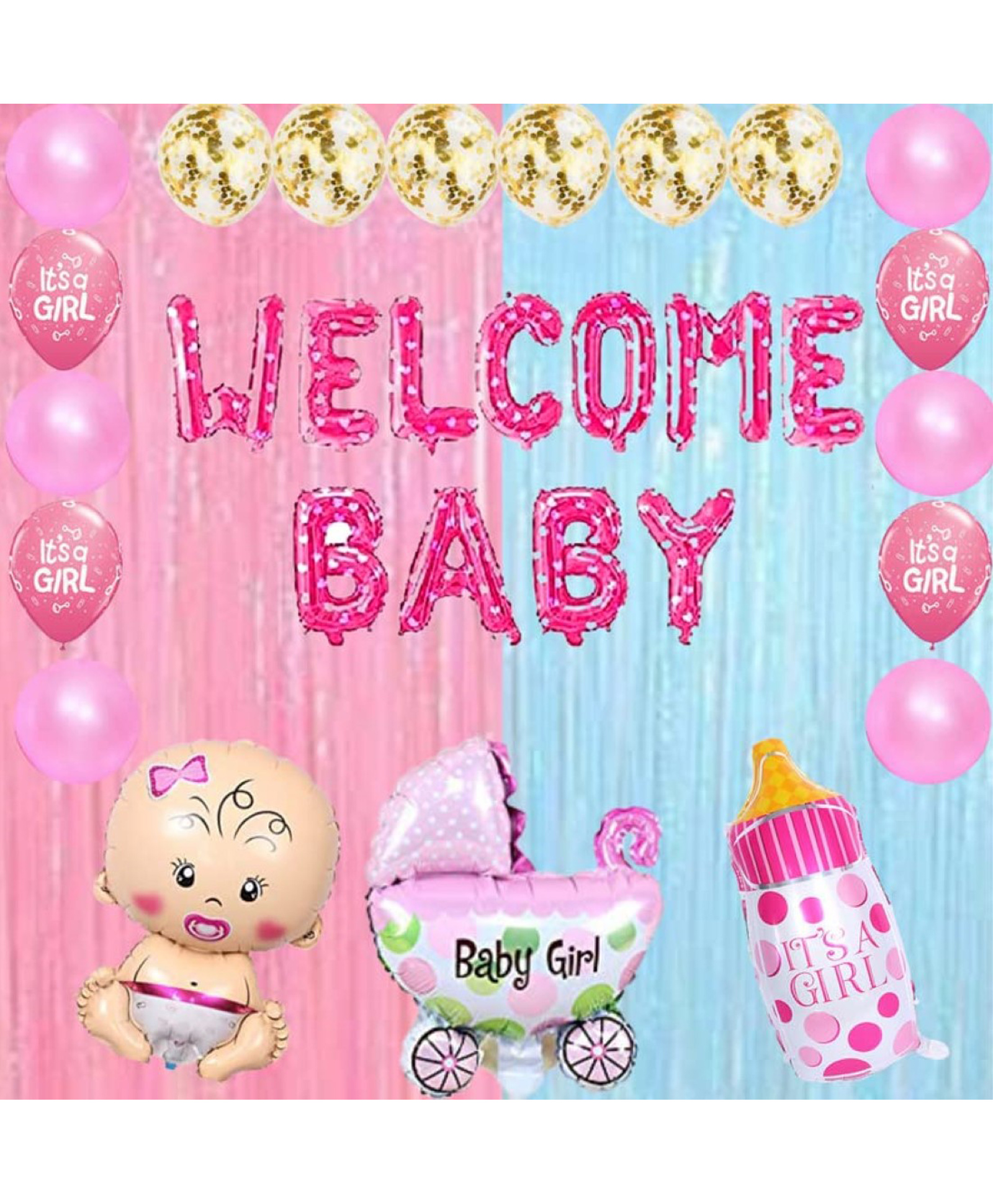 Bubble Trouble Its a Girl Baby Shower Decoration Items Combo with A Welcome Baby Foil Balloon Fringe Pastel Curtains Cradle Foil Balloon Bottle Foil Balloon for Its a Girl Newborn Baby - 32 Pcs-image-1