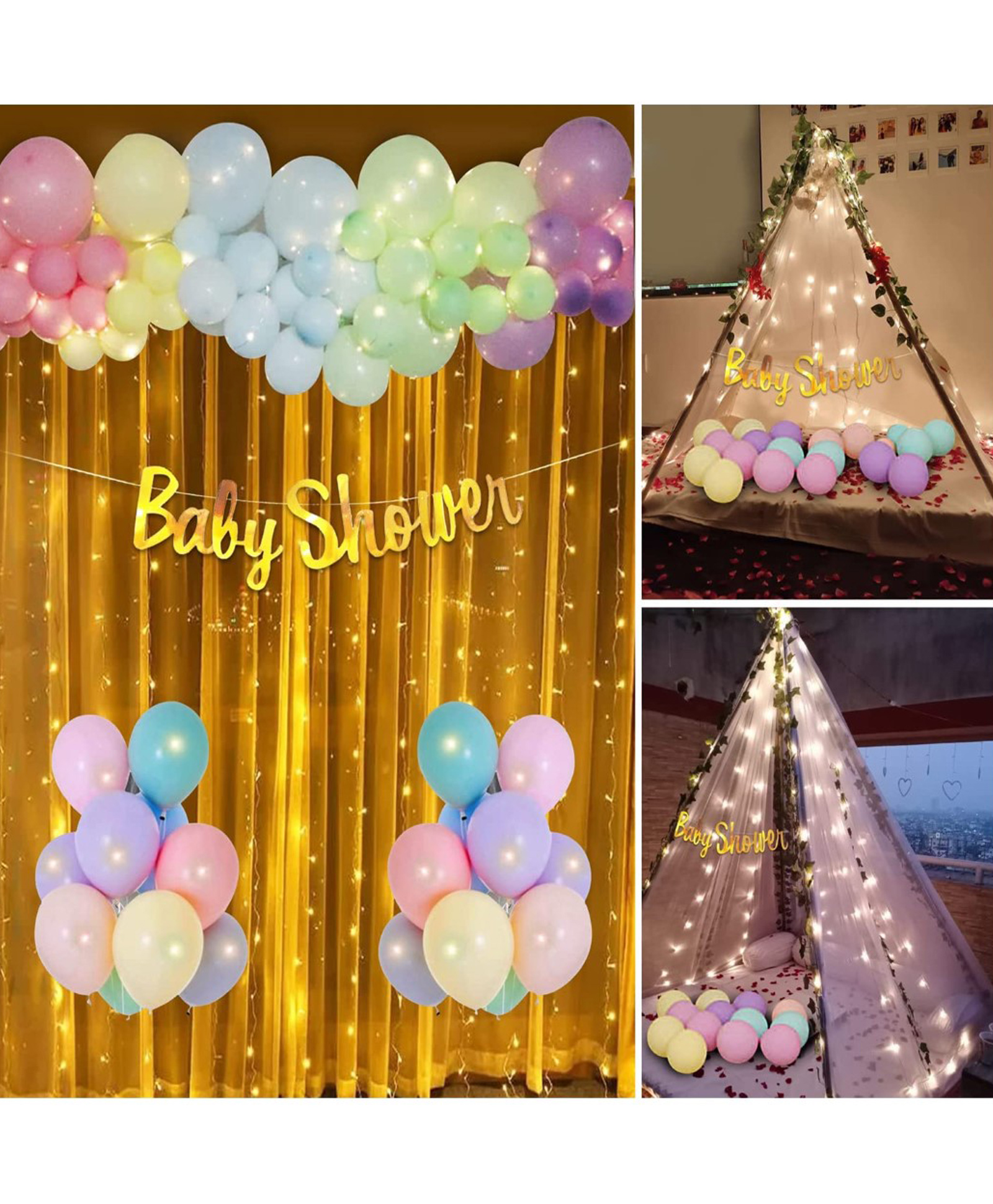 Bubble Trouble Baby Shower Decoration Items Set For Mom To Be White Net Curtain with Fairy Lights Pack of 39- Multicolor-image-46