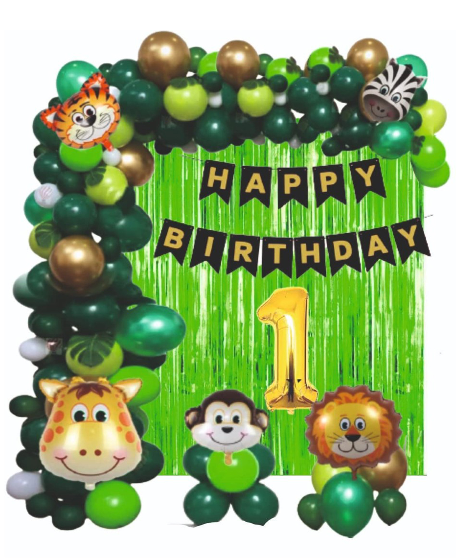 Bubble Trouble Jungle Animal Forest Theme 1st Birthday Party Decorations for boys Combo Bunting Animal Face Shape Foil Chrome Rubber Balloons  Jungle Theme Birthday Decoration Pack of 51- Multicolor-image-20