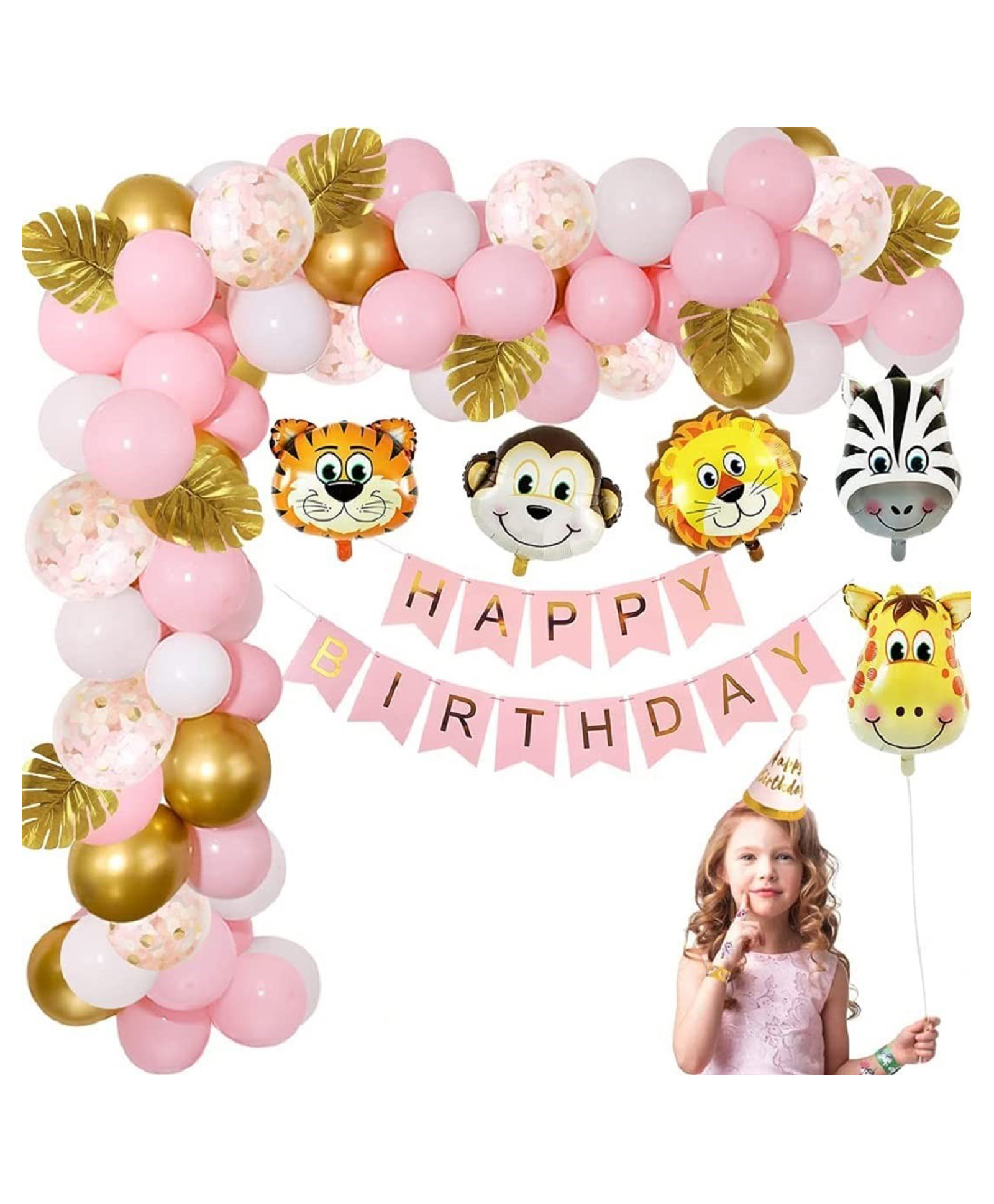 Bubble Trouble Jungle Animal Head Theme Foil Balloons Combo For Birthday Theme Party Celebration Decoration Happy Birthday Banner Pack of 56- Pink-image-10