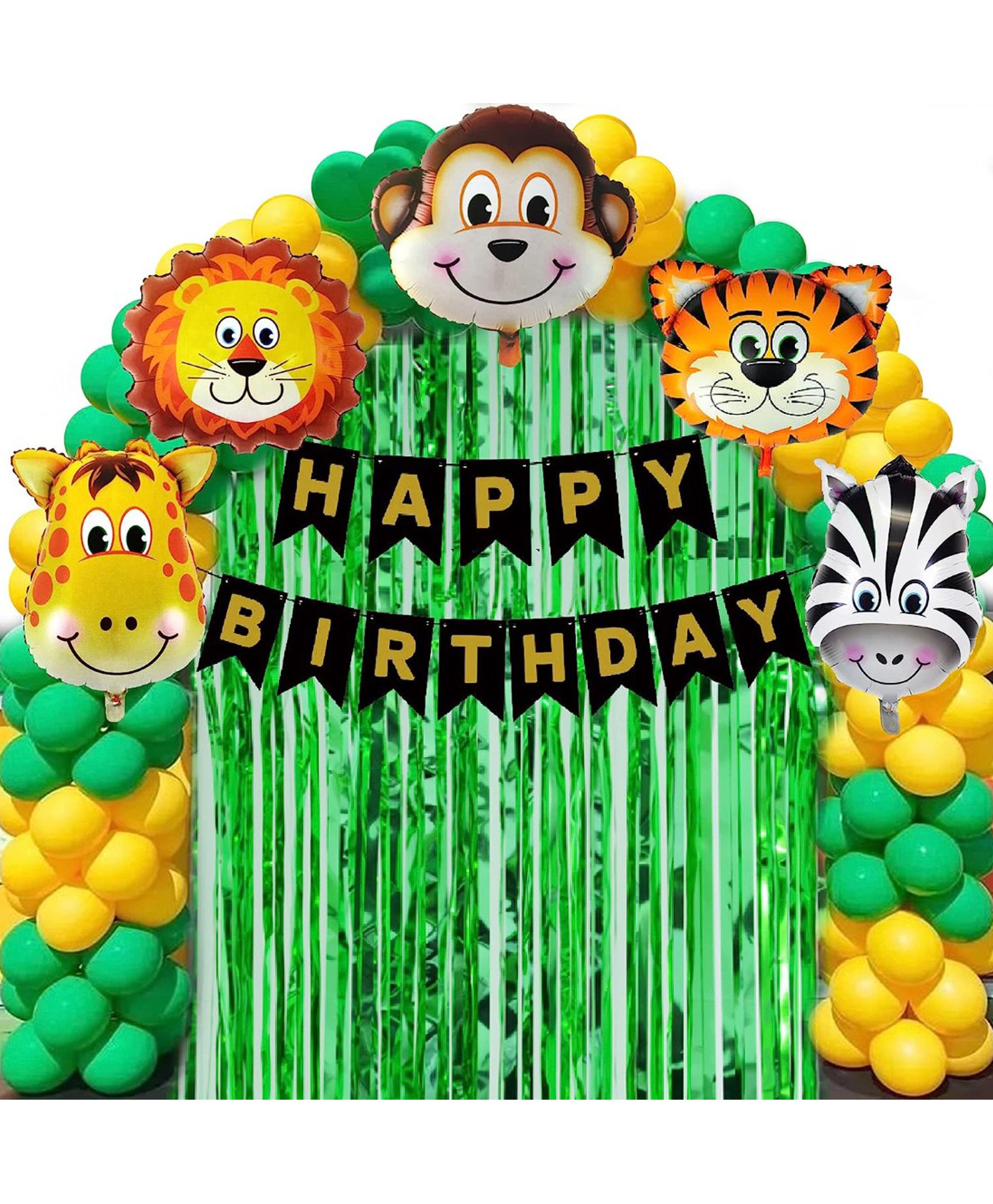 Bubble Trouble Jungle Theme Birthday Decoration Kit Boys Combo Set Green Yellow Animal Face Foil Balloon Green Birthday Backdrop Foil Curtain Jungle Theme Banner- 67 Items-image-49