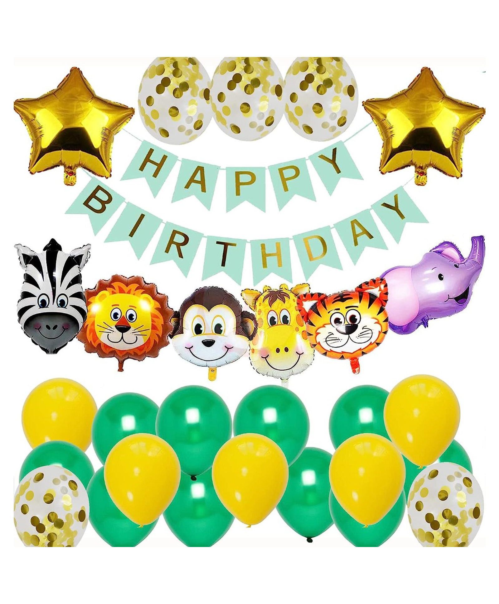 Bubble Trouble Jungle Safari Green Theme Birthday Decoration Kit with Animals Face Foil Balloons Happy Birthday Banner Metallic Confetti balloons Balloon Green Gold Pack of 29- Green & Gold-image-7