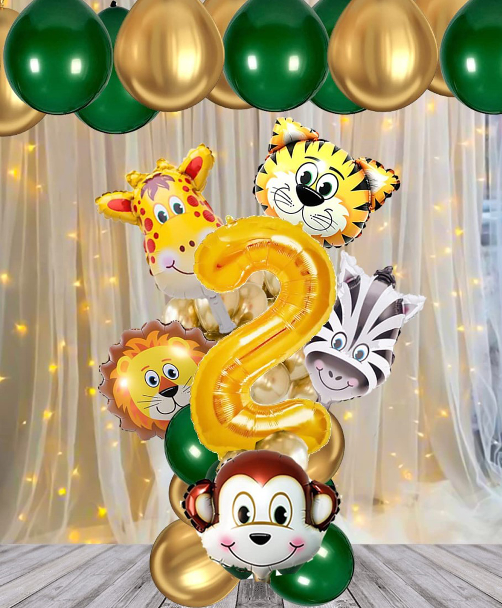 Bubble Trouble Jungle Safari Theme 2nd Birthday Decoration Wild Animal Foil Balloon Dark Green Ballons Gold Metallic Helium Balloons No 2 & Foil Decor Kits - Pack of 18 Pieces-image-32