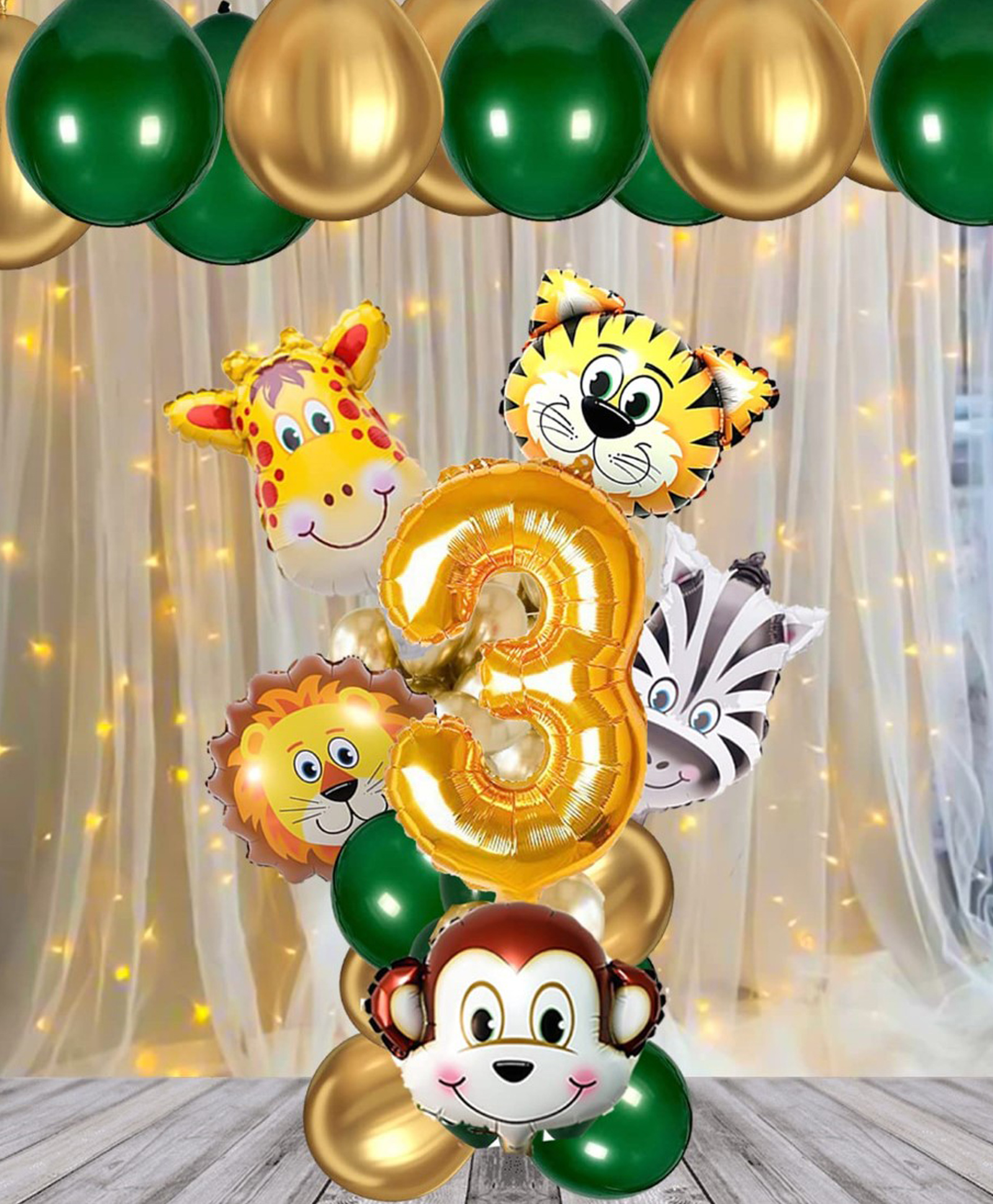 Bubble Trouble Jungle Safari Theme 3rd Birthday Decoration Wild Animal Foil Balloon Dark Green Balloons Gold Metallic Helium Balloons No. 3 Foil Party Supplies Zoo Decor For Kids - Pack of 18-picture-17