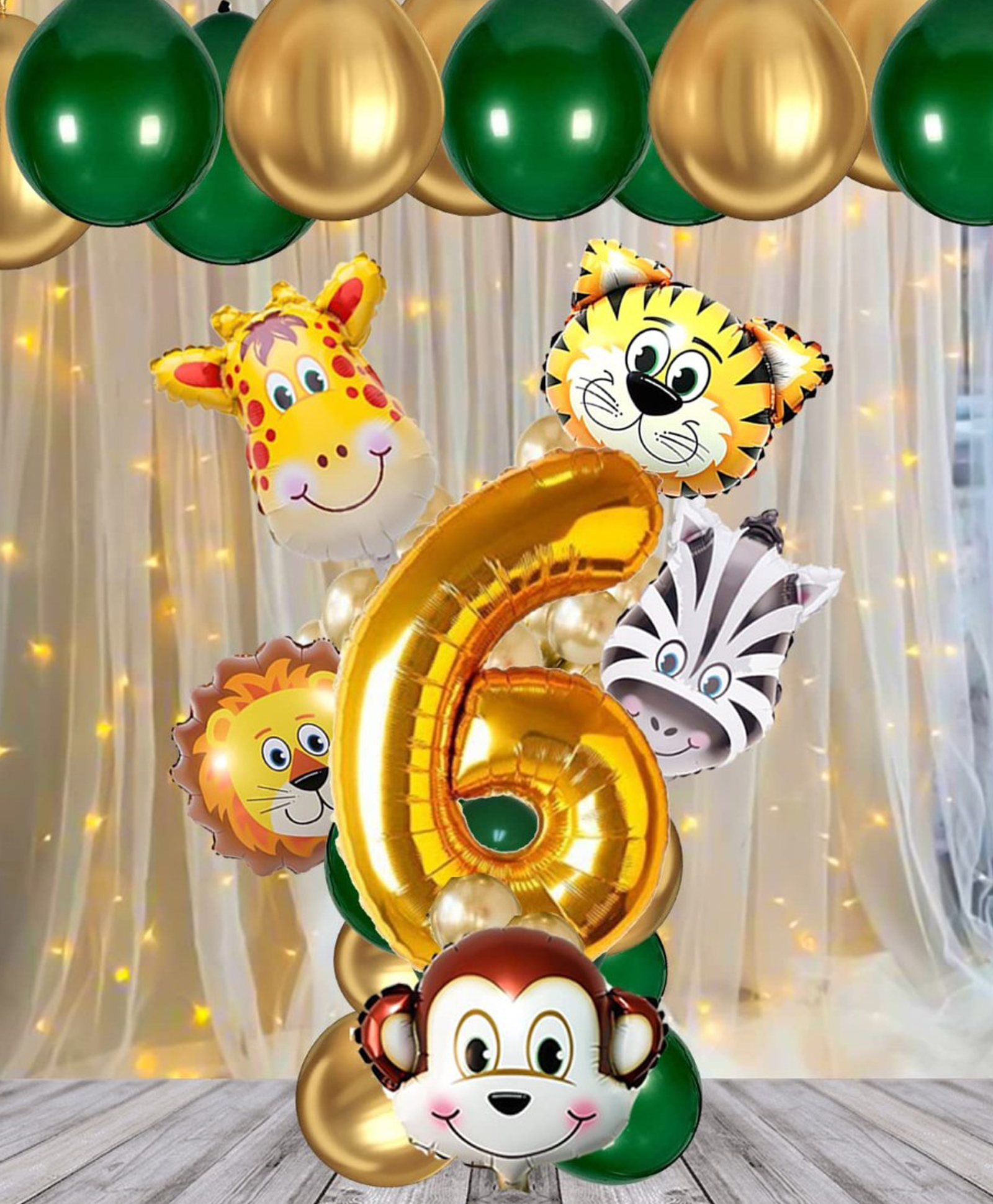 Bubble Trouble Jungle Safari Theme 6th Birthday Decoration Wild Animal Foil Balloon Dark Green & Gold Metallic Helium Balloons -  Pack of 18 Pieces-picture-31